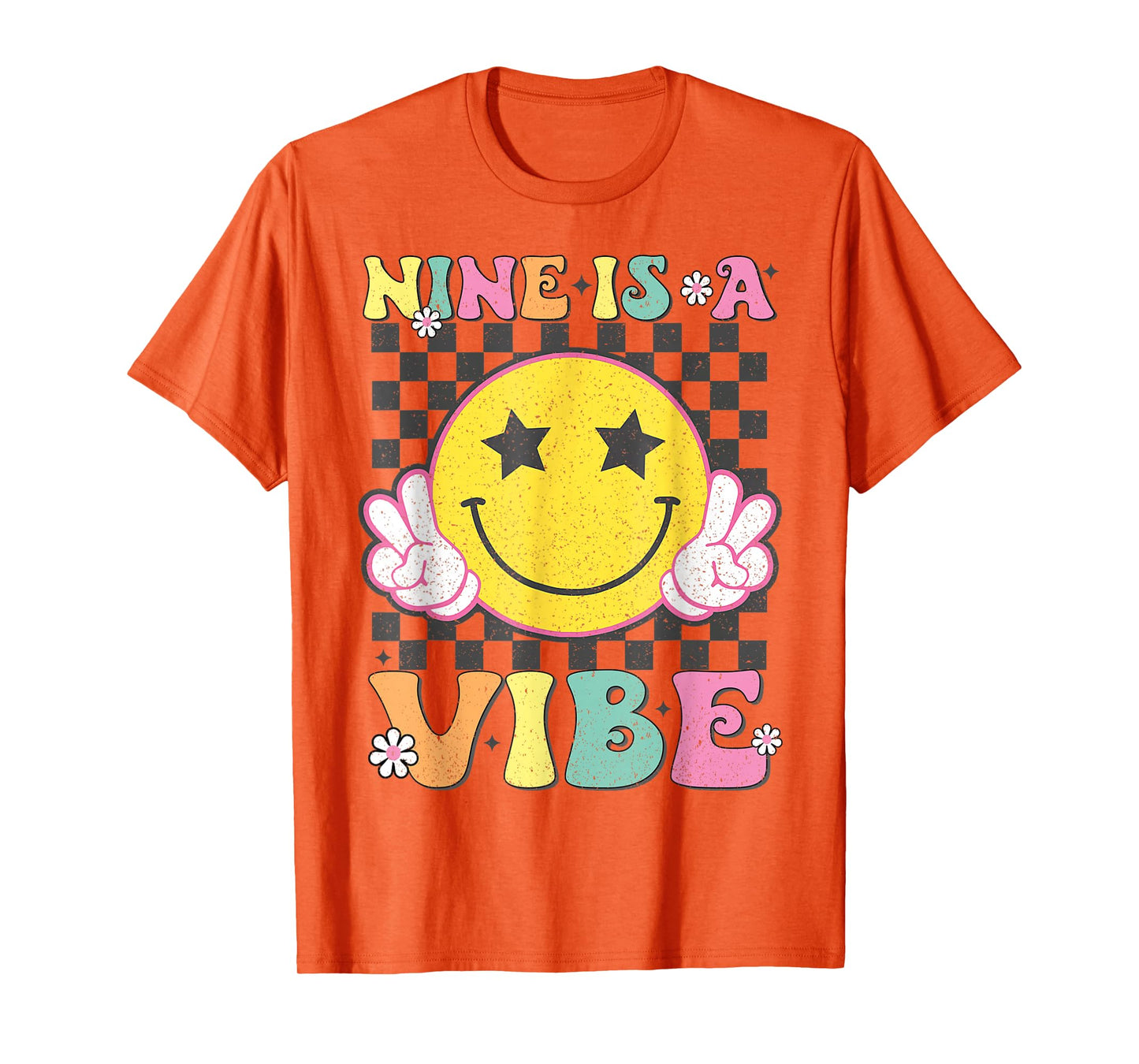 Nine Is A Vibe 9th Birthday Groovy Smile Face 9 Years Old T-Shirt