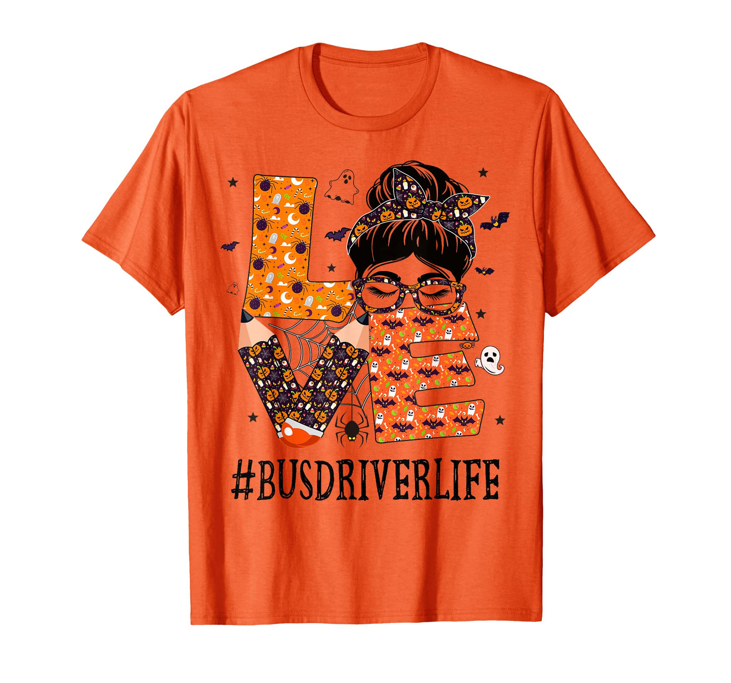 Bus Driver Love Messy Bun Pumpkin Women Halloween Costume T-Shirt