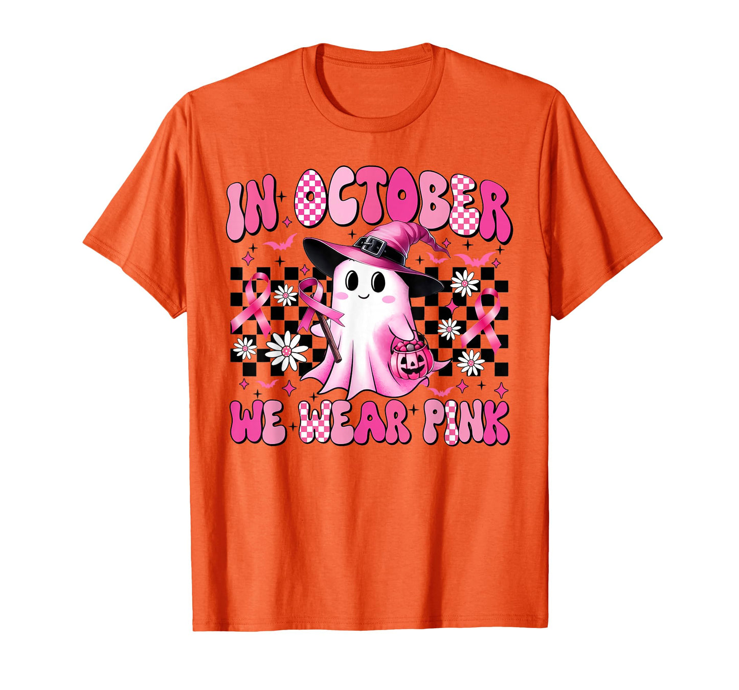 in October We Wear Pink Breast Cancer Awareness Halloween T-Shirt