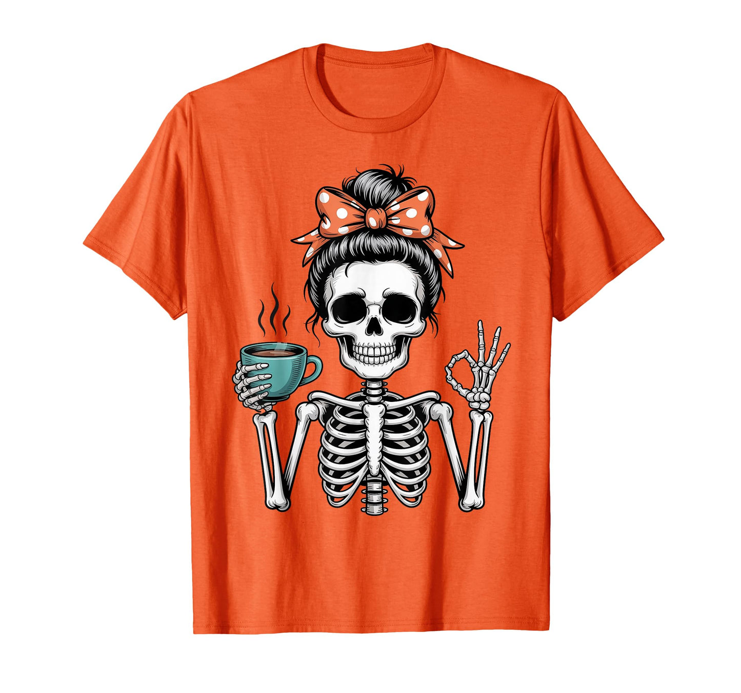 Messy Bun Skeleton Drinking Coffee Halloween Mom Women Girls T-Shirt