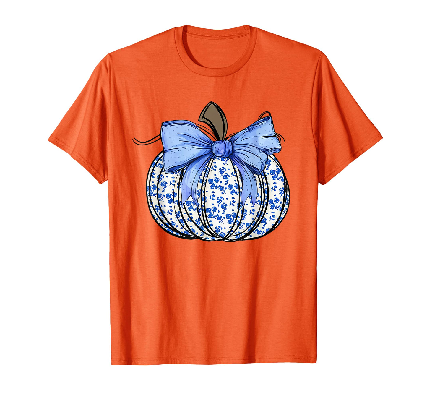 Retro Coquette Bow Blue Floral Pumpkin Halloween Autumn Fall T-Shirt