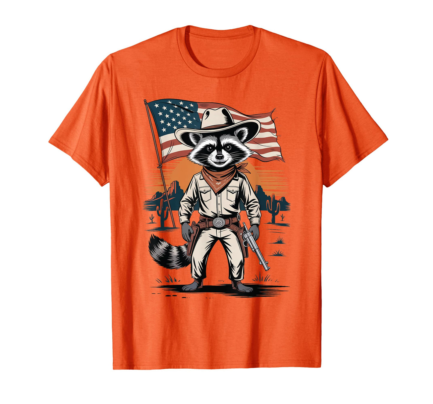 Vintage Racoon Cowboy Patriotic USA Flag Western Country T-Shirt