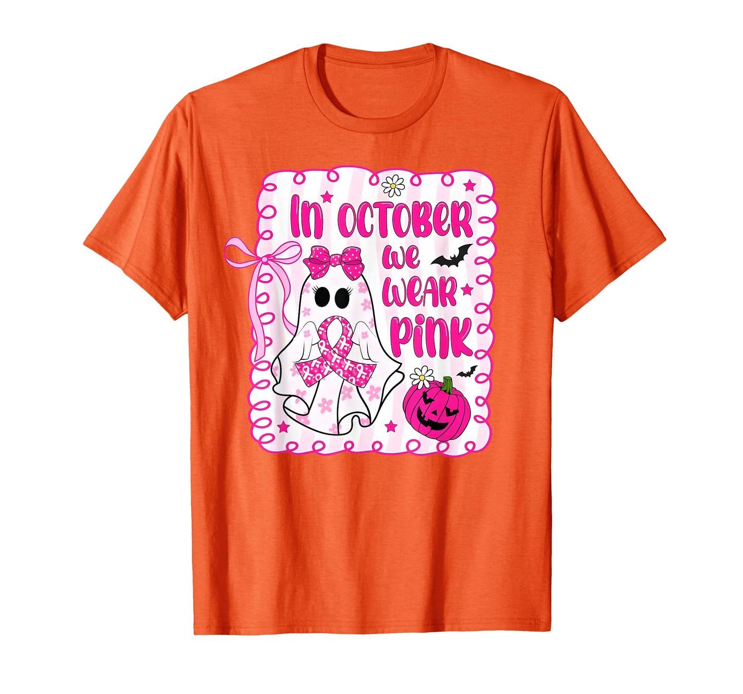 In October We Wear Pink Ghost Bow Breast Cancer Awareness T-Shirt