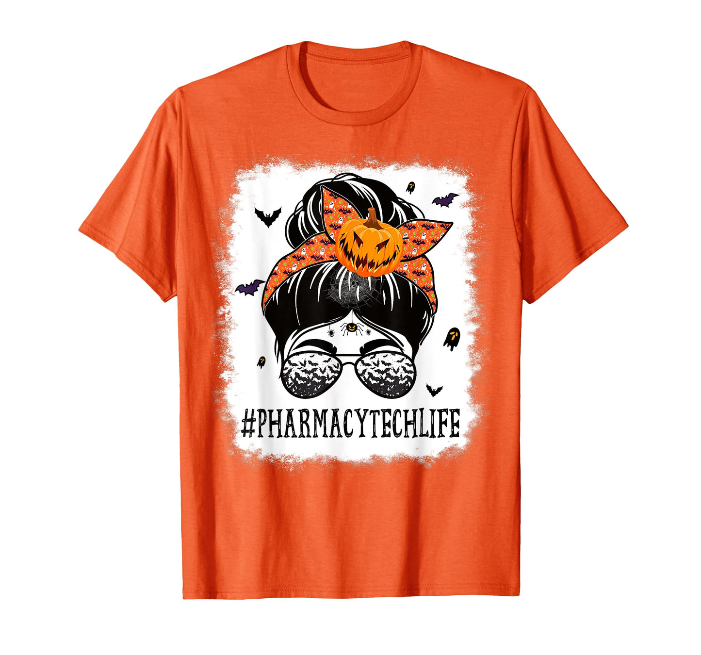 Pharmacy Tech Messy Bun Spooky Pumpkin Halloween Costume T-Shirt