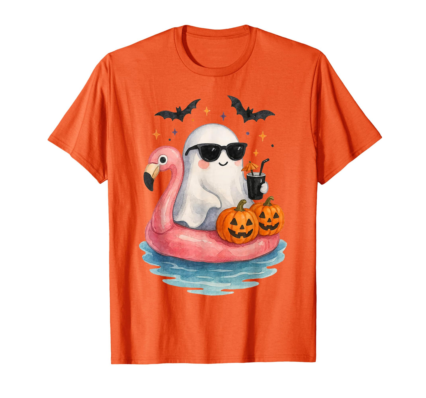 Summer Ghost Watercolor Cute Ghost With Flamingo Float Beach T-Shirt