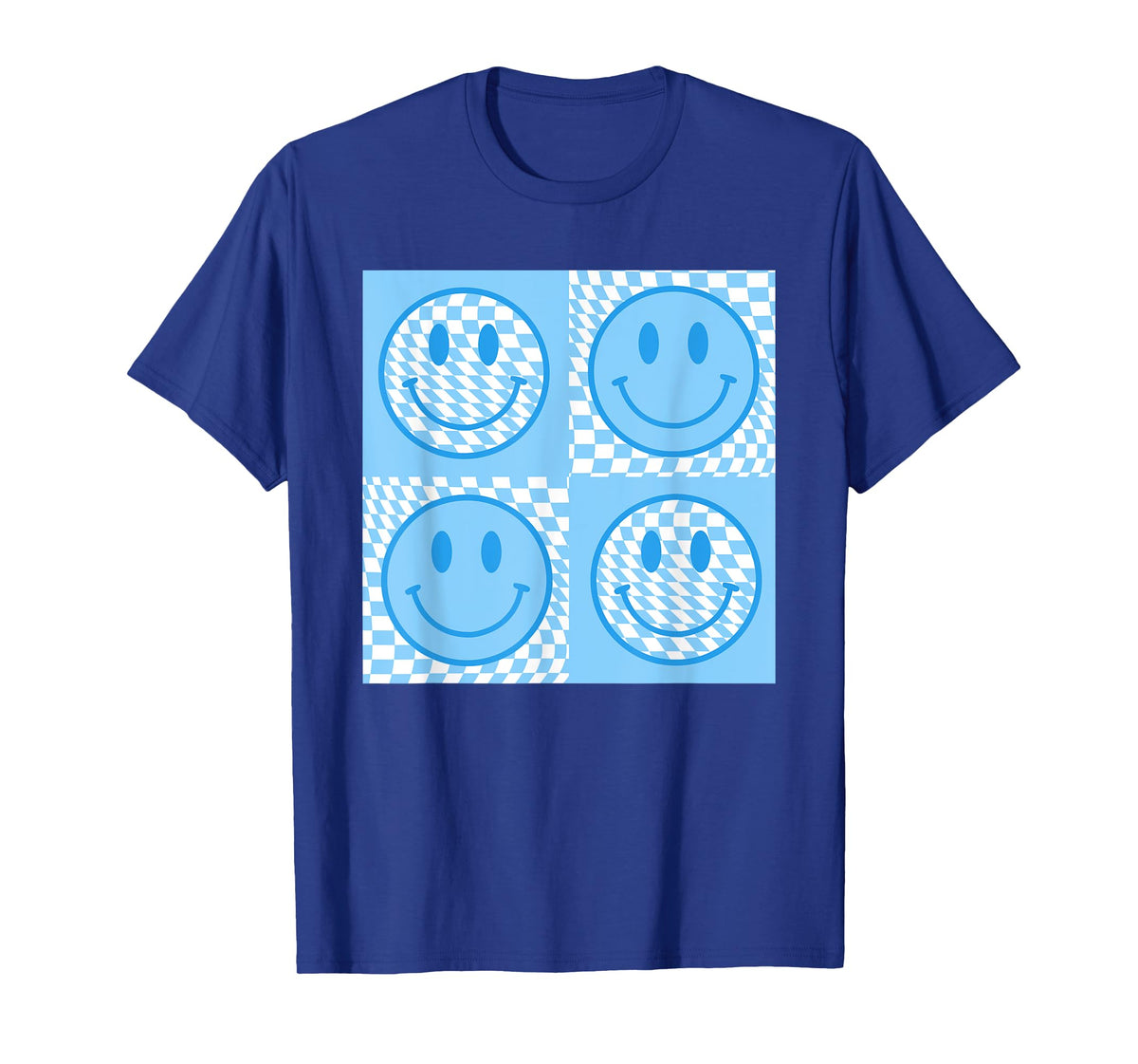 Checkered Pattern Smile Face Meme Blue Happy Face Colorful T-Shirt