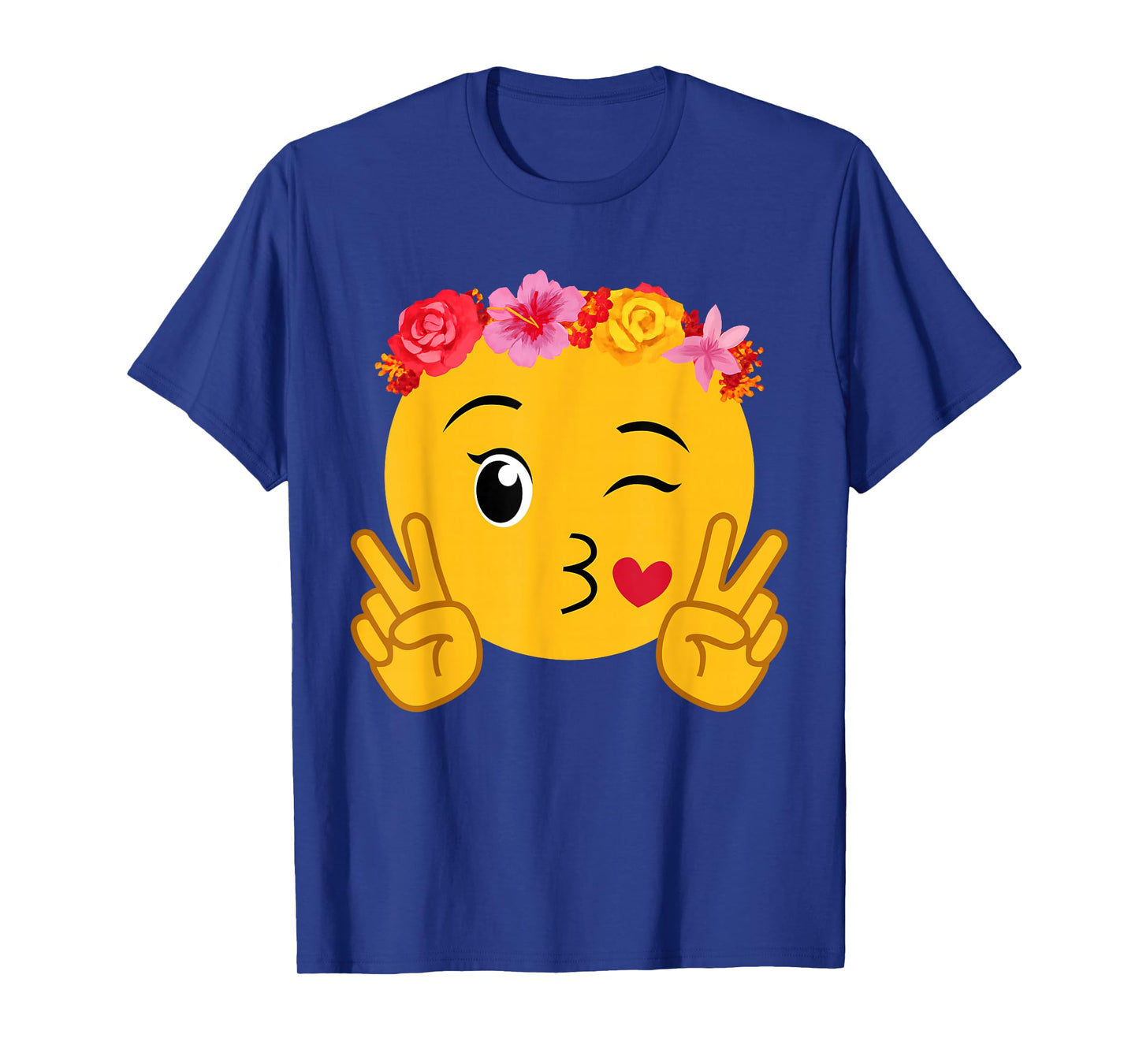 Funny Emoticon Peace Winking Flower Crown Lips Blowing Kiss T-Shirt