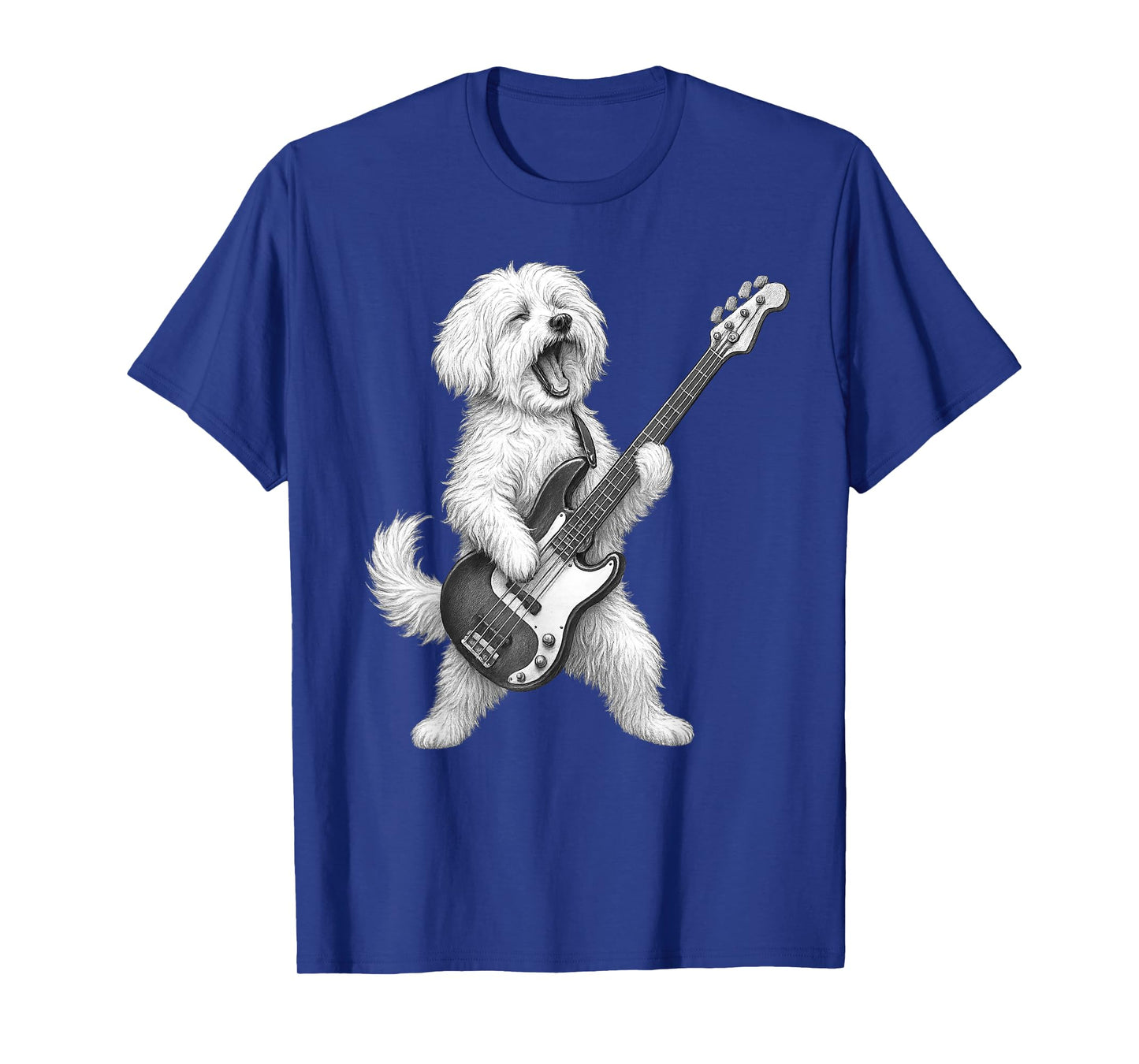 Maltese Dog Playing Bass Guitar Rock Music Dog Lover T-Shirt for Men Women Kids