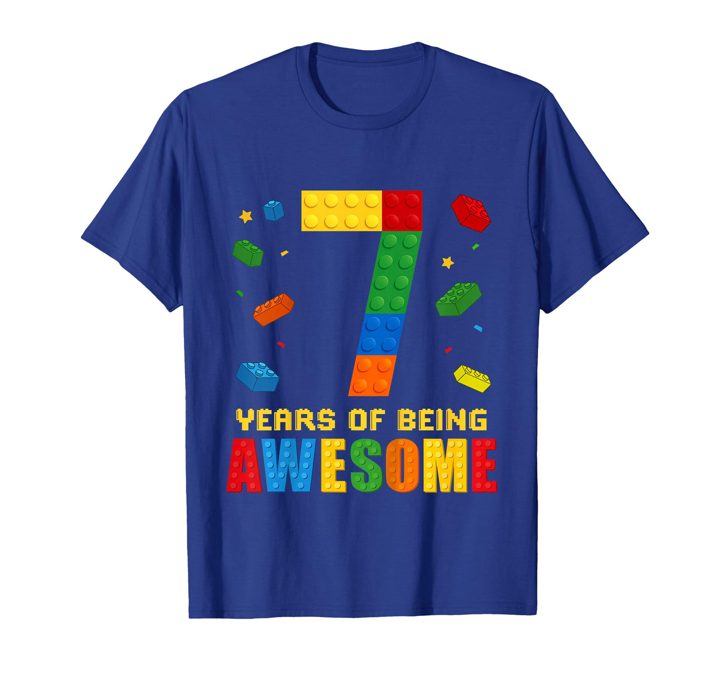 Kids 7 Year Old Birthday Boy Being Awesome Building Bricks 7th T-Shirt