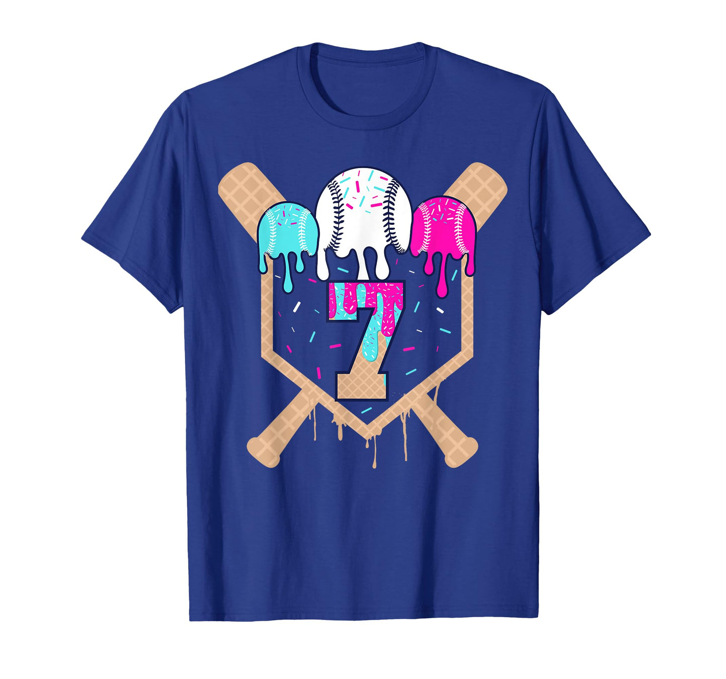 Baseball 7 Year Old Ice Cream Drip 7th Birthday Boy Number 7 T-Shirt