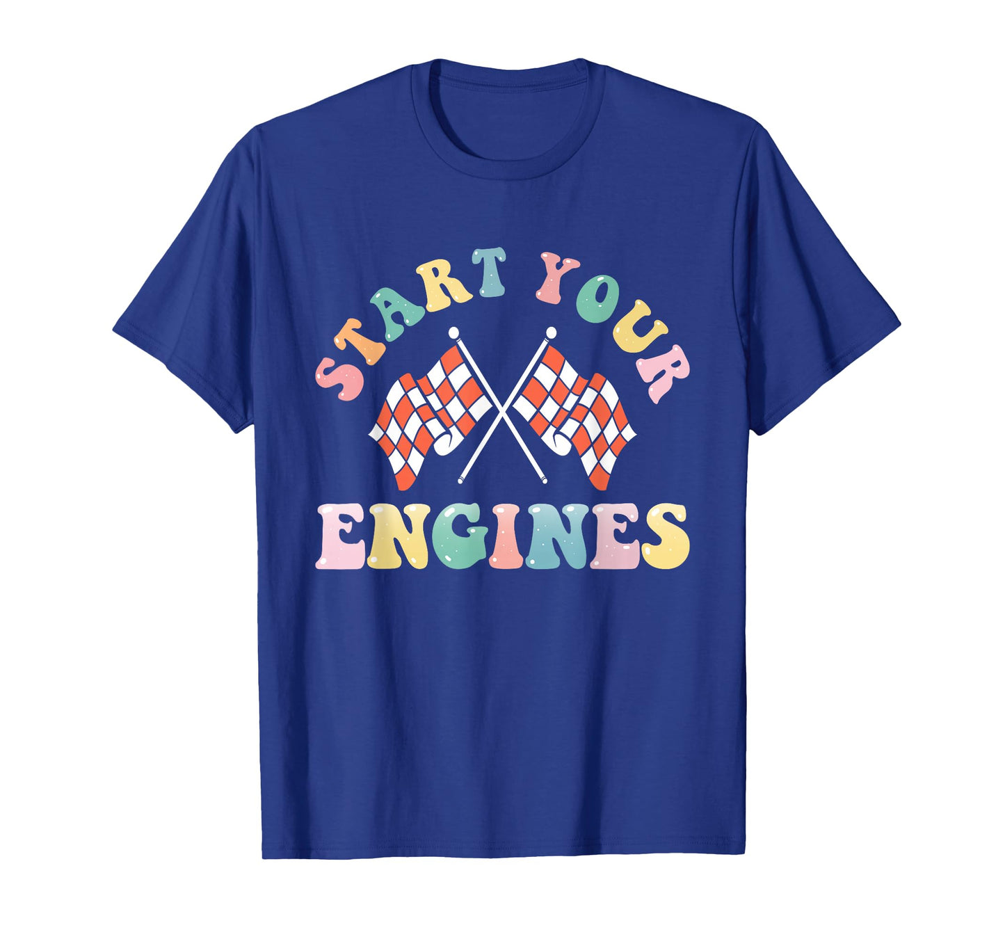 Start Your Engines Retro Groovy Checkered Flag Race Car Girl T-Shirt