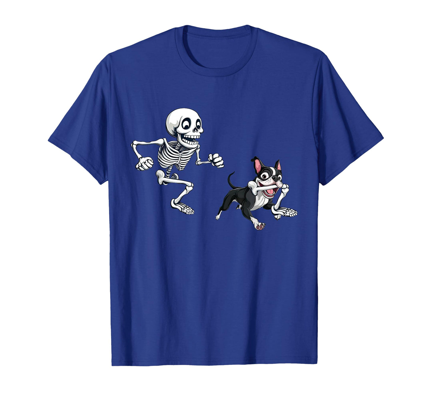 Skeleton Chasing Dog Boston Terrier Halloween Pet Lover T-Shirt