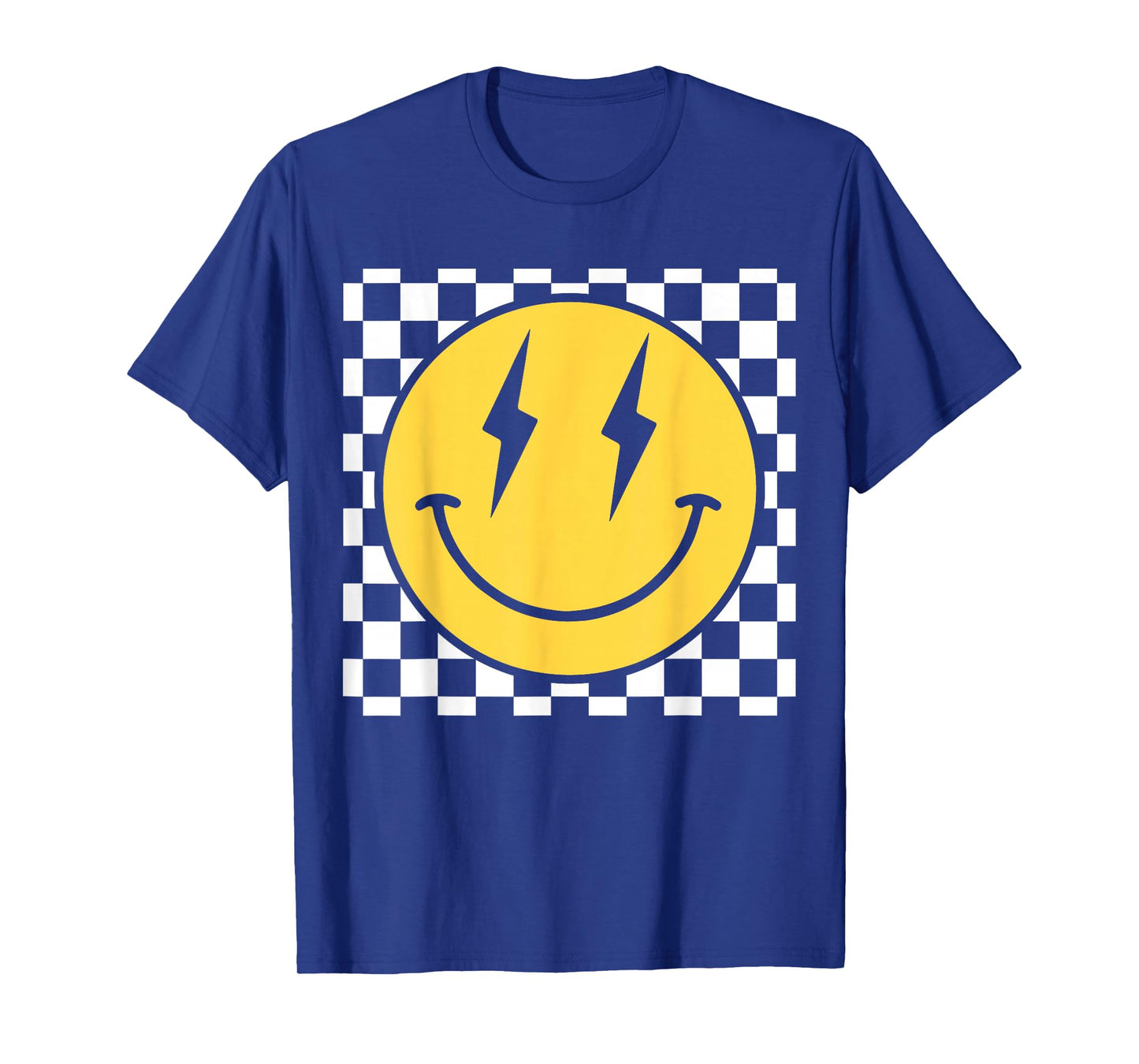 Retro Happy Face Distressed Checkered Pattern Smile Face T-Shirt