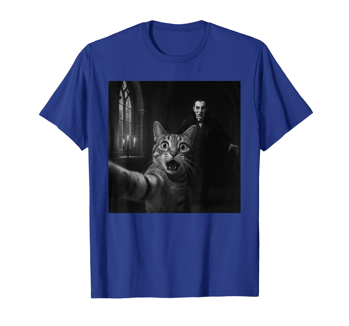 Funny Halloween Surprised Scared Cat Selfie Dracula Vampire T-Shirt