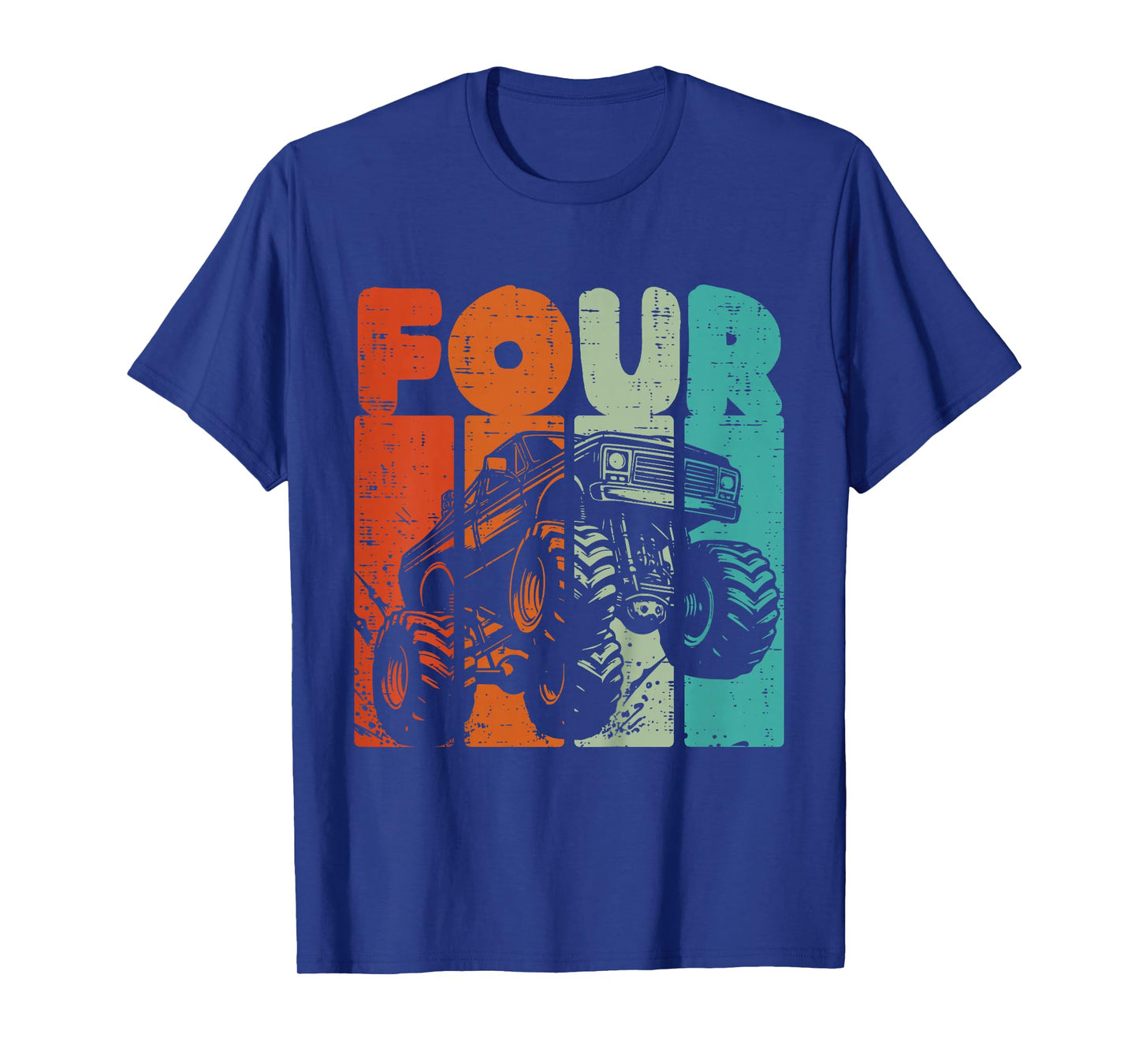 Kids 4th Birthday Monster Truck Four Retro 4 Year Old Bday Boys T-Shirt