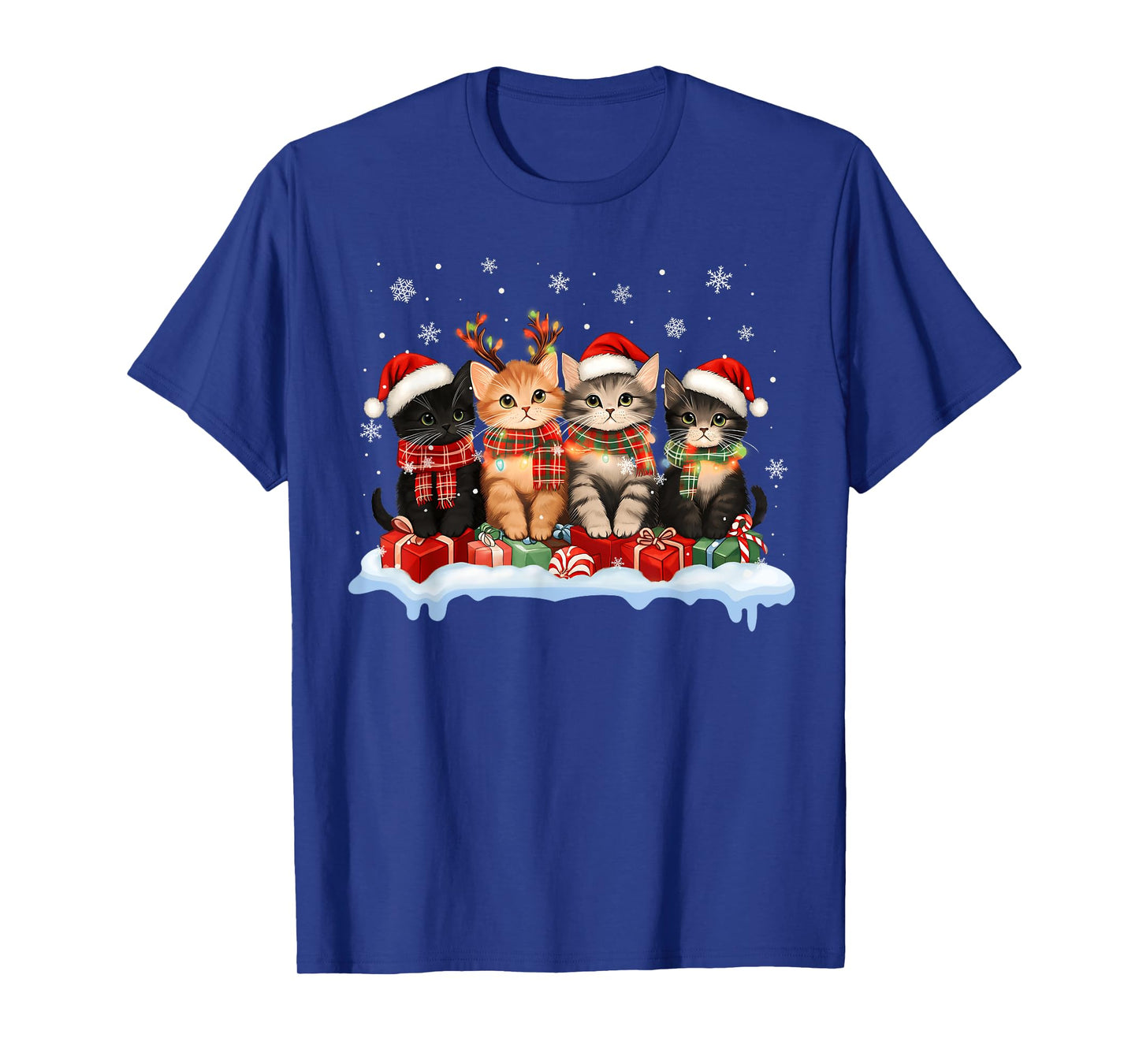Cat Christmas Light Reindeer Santa Christmas Cat Lover Xmas T-Shirt