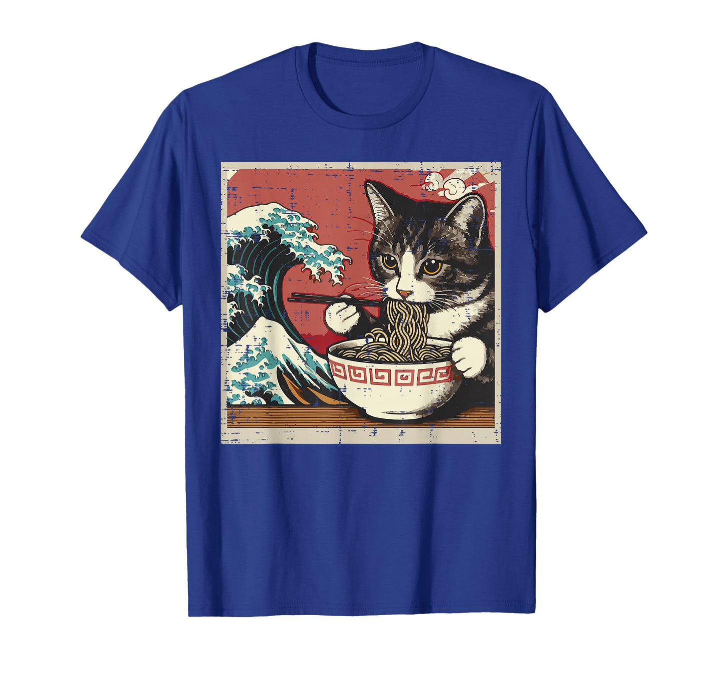 Cat Eating Ramen Great Wave Japanese Food Art Women Men Kids T-Shirt