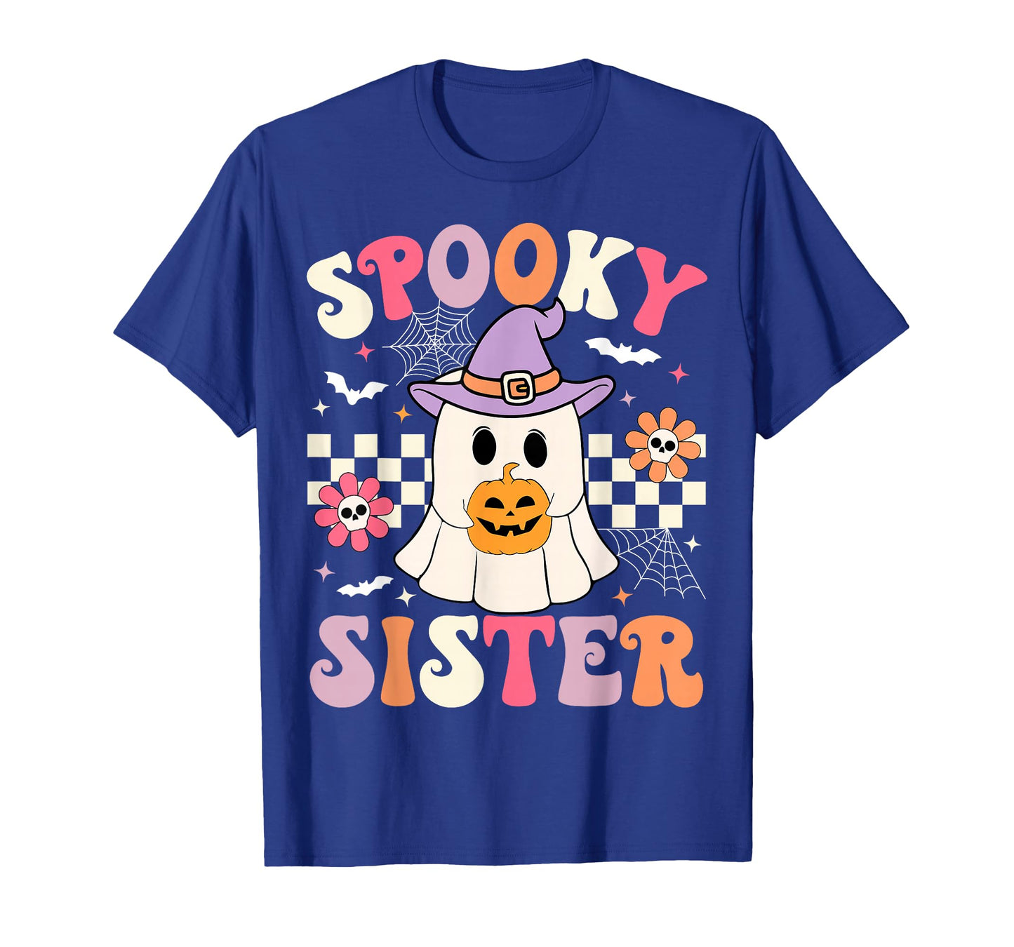 Groovy Spooky Sister Retro Ghost Holding Pumpkin Halloween T-Shirt