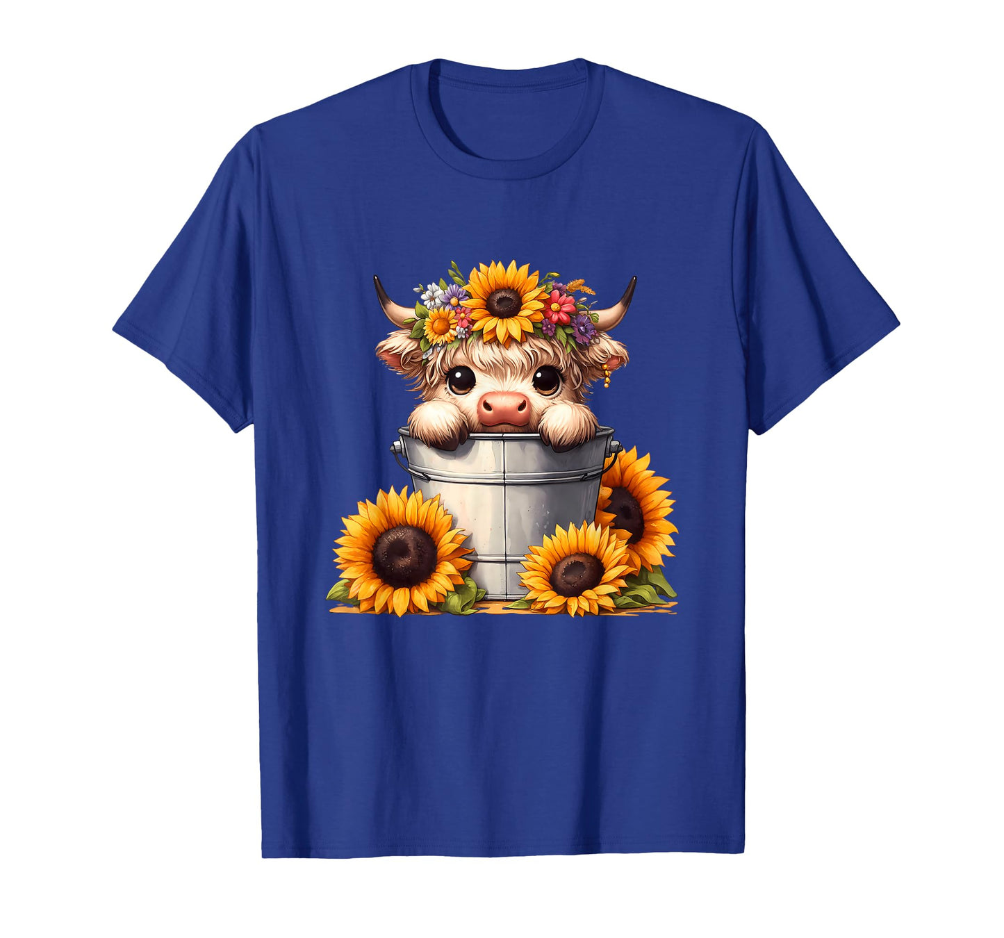 Cute Baby Highland Cow with Sunflowers in Bucket, Calf T-Shirt