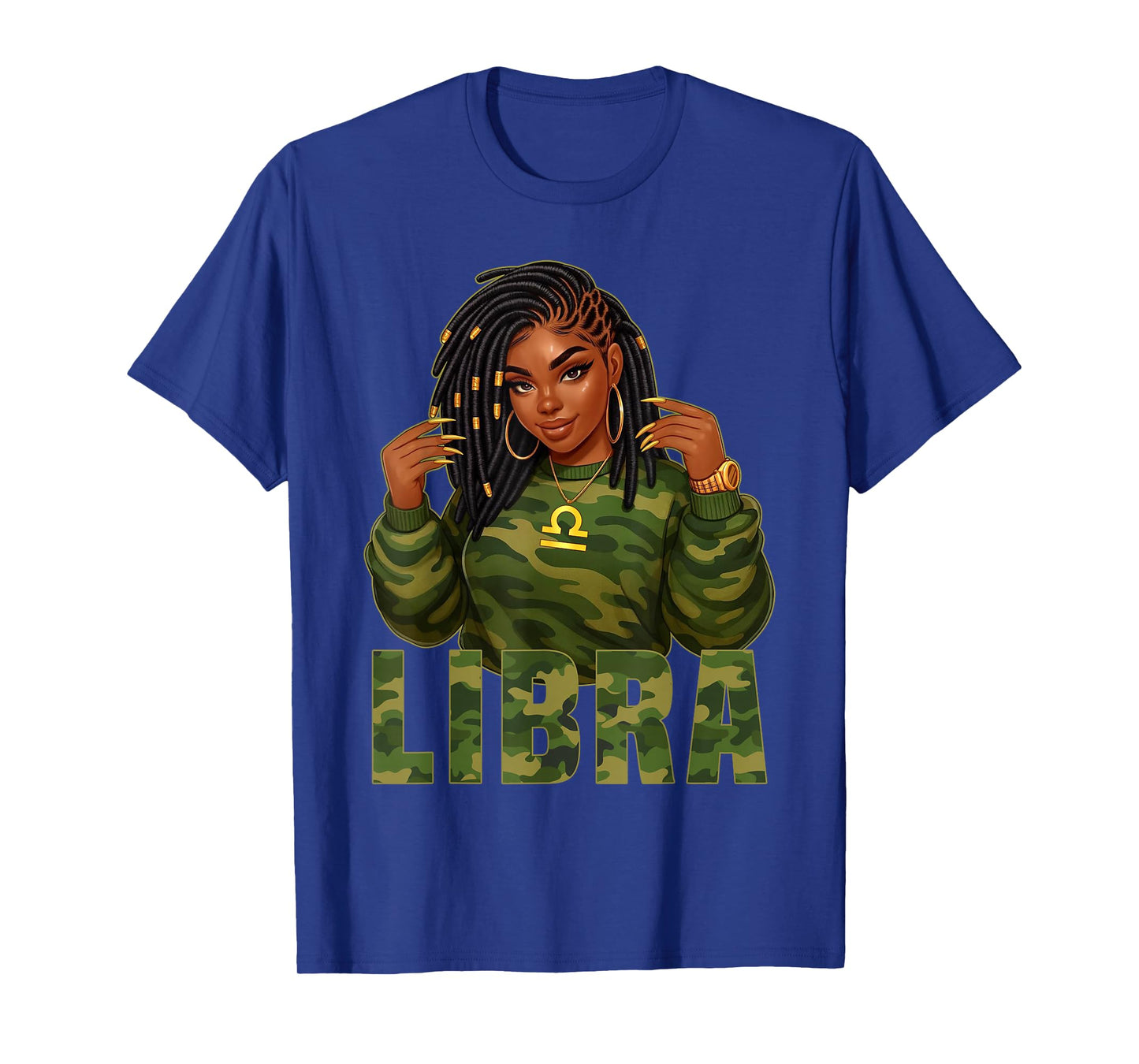 Libra Queen Loc'd Black Woman Camo Zodiac Sign T-Shirt
