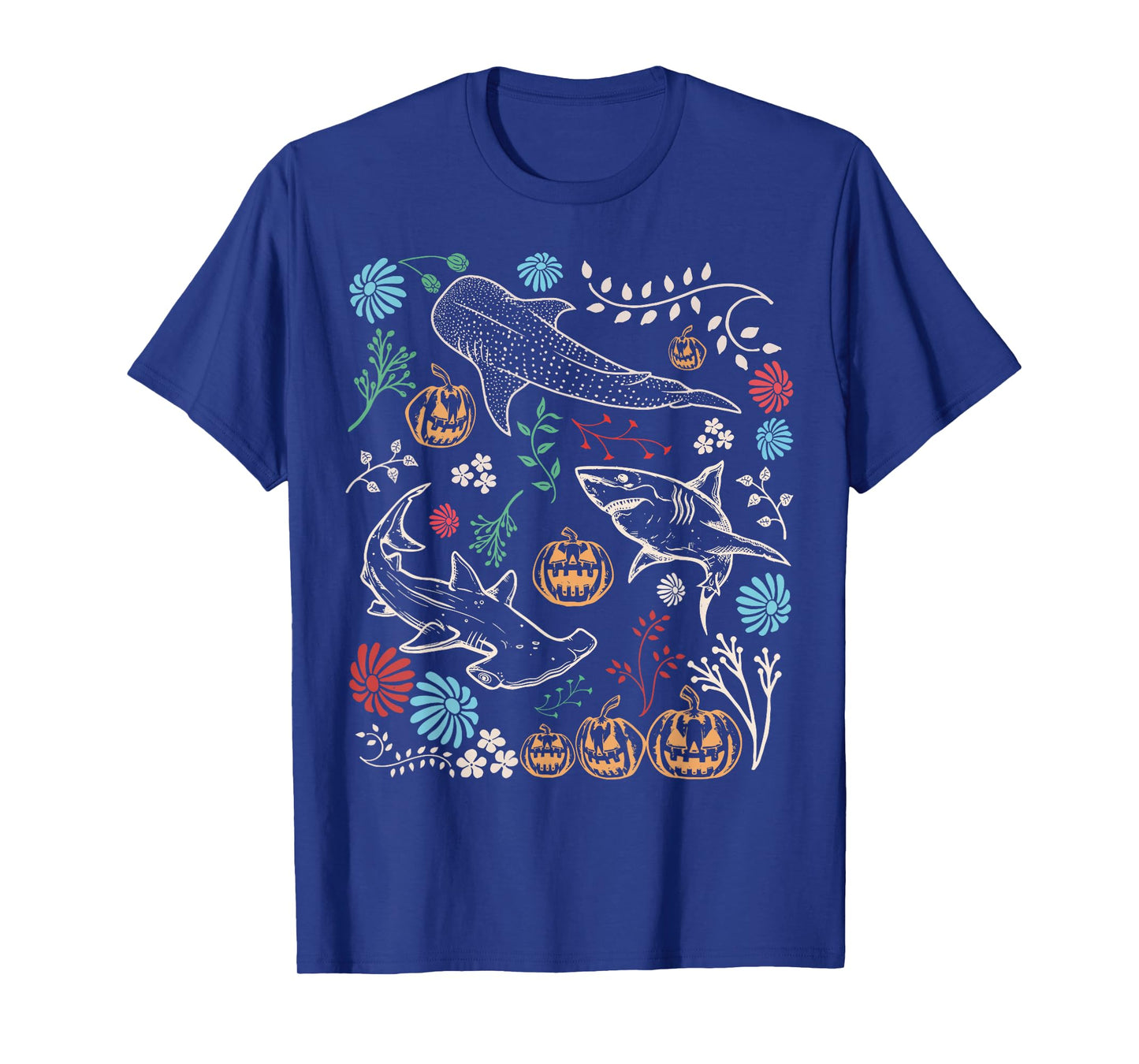 Vintage 90s Halloween Shark Pumpkin Ocean Marine Biology T-Shirt