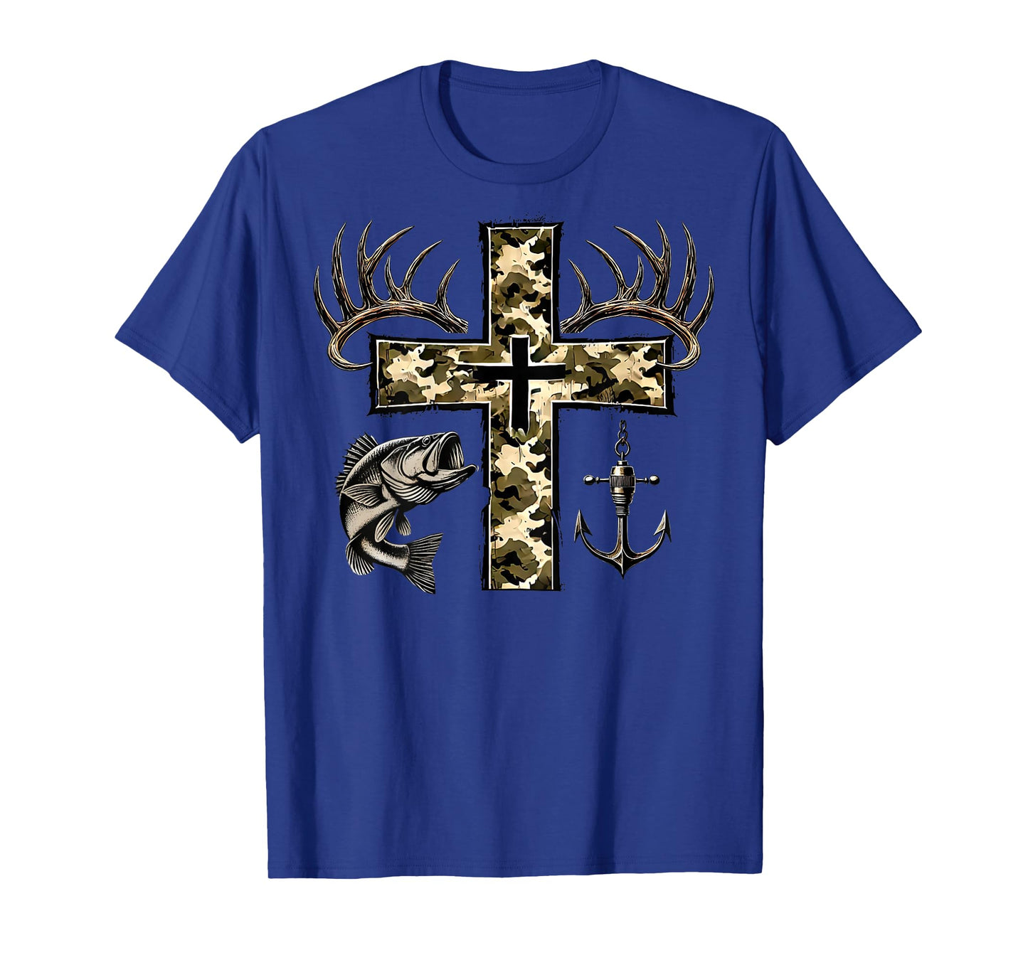 (Back) Hunting Fishing Cross Camo Faith Christian Fisherman T-Shirt