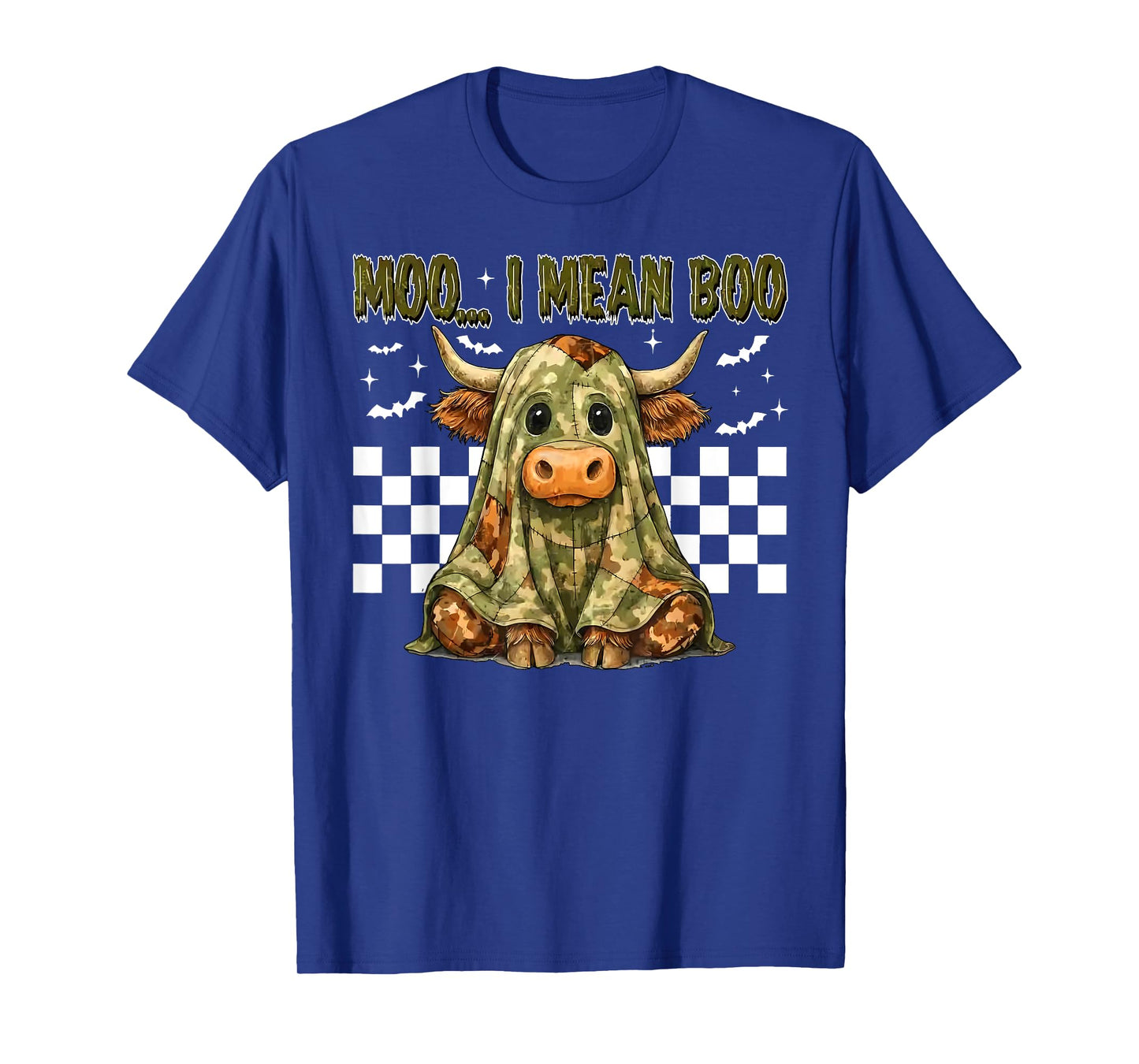 Checkered Moo I Mean Boo Green Camo Patchwork Spooky Ghost T-Shirt