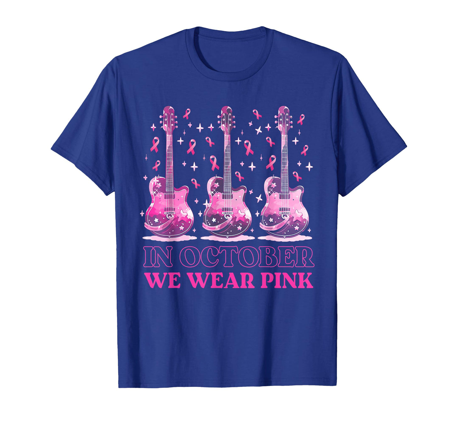 In October We Wear Pink Ribbon Guitar For Breast Cancer T-Shirt