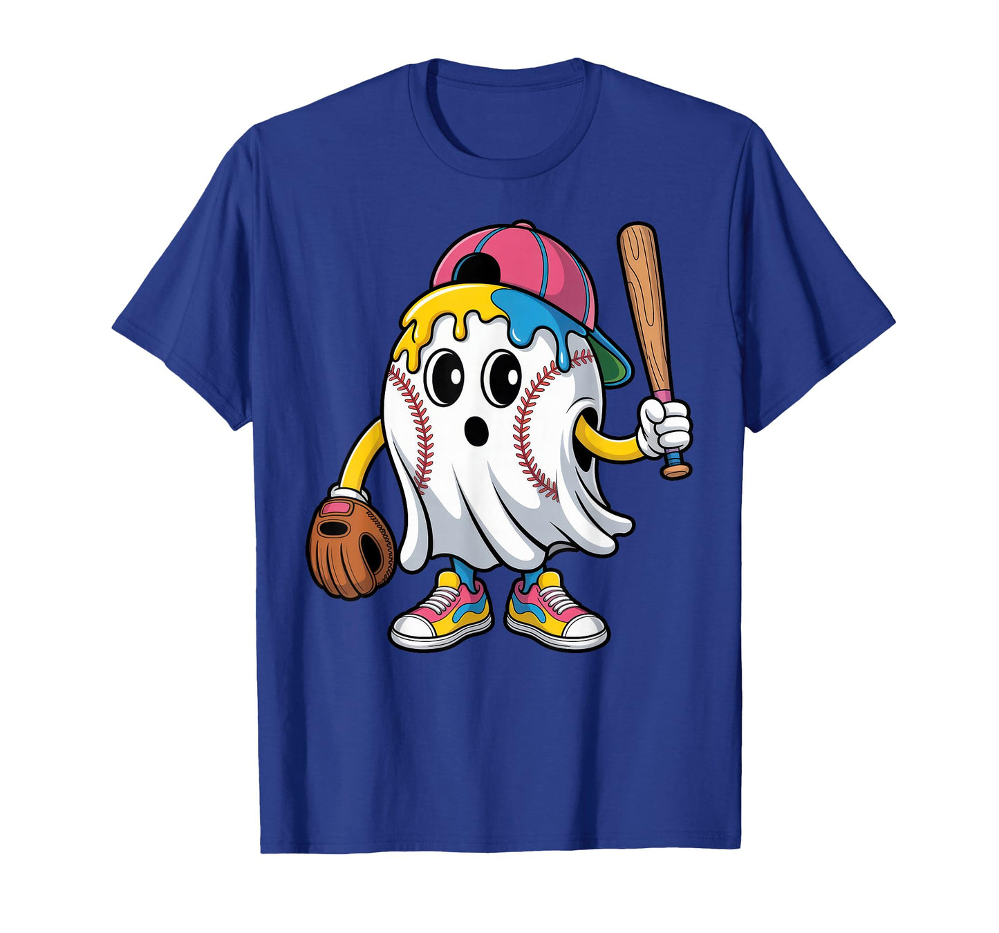 Ice Cream Drip Ghost Baseball Spots Baseball Funny Halloween T-Shirt