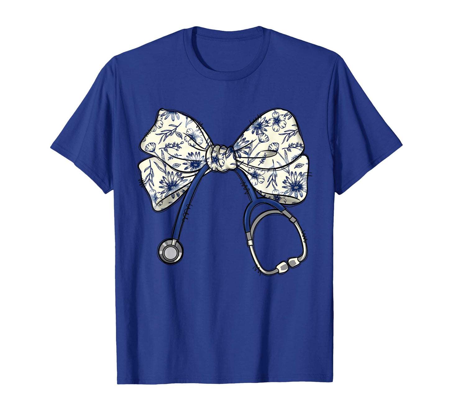 Floral Blue Coquette Bow Nurse Stethoscope Nursing Doctor T-Shirt