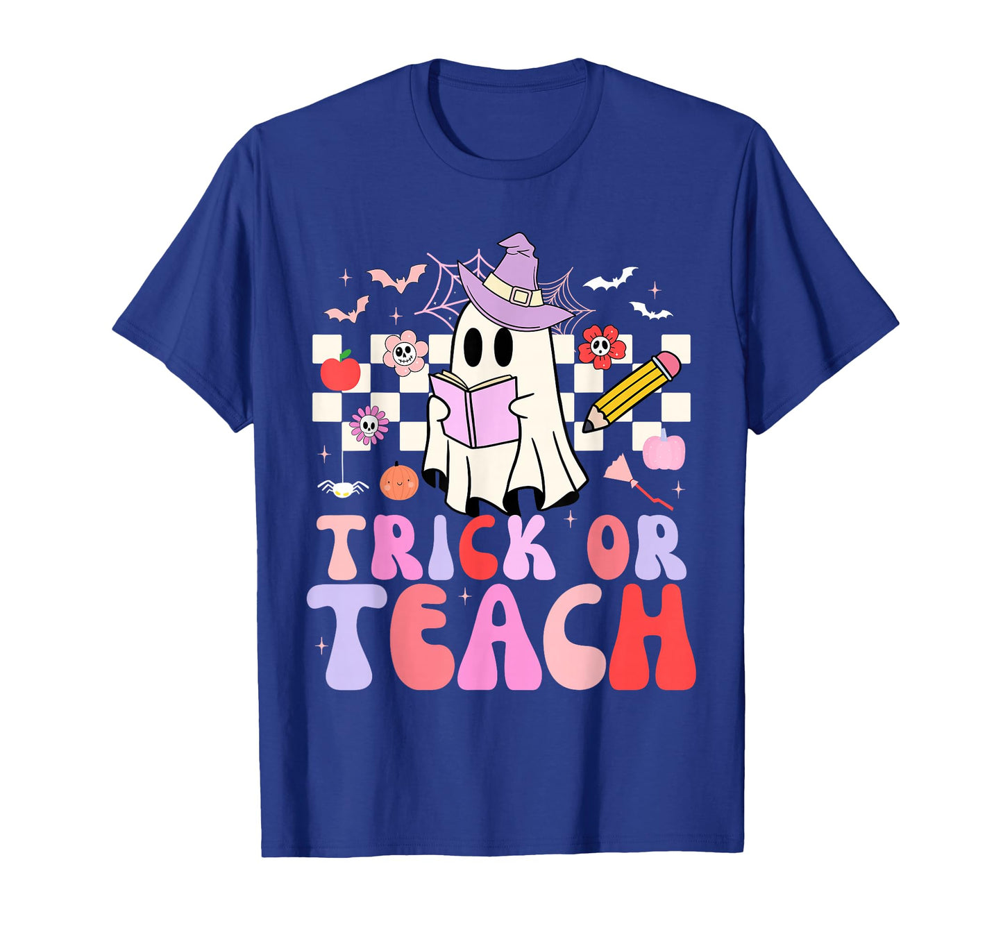 Trick Or Teach Groovy Teacher Halloween Retro Floral Ghost T-Shirt