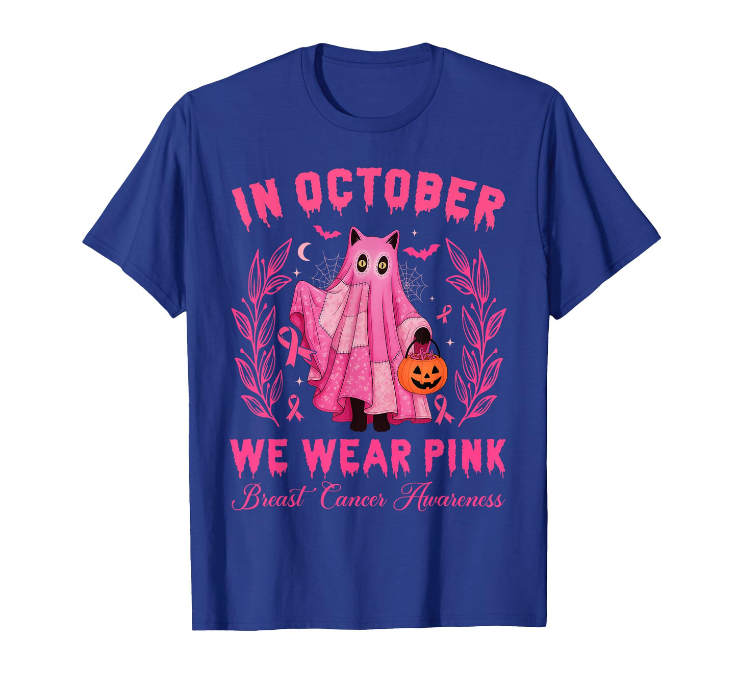 in October, We Wear Pink Halloween Black Cat Cute T-Shirt