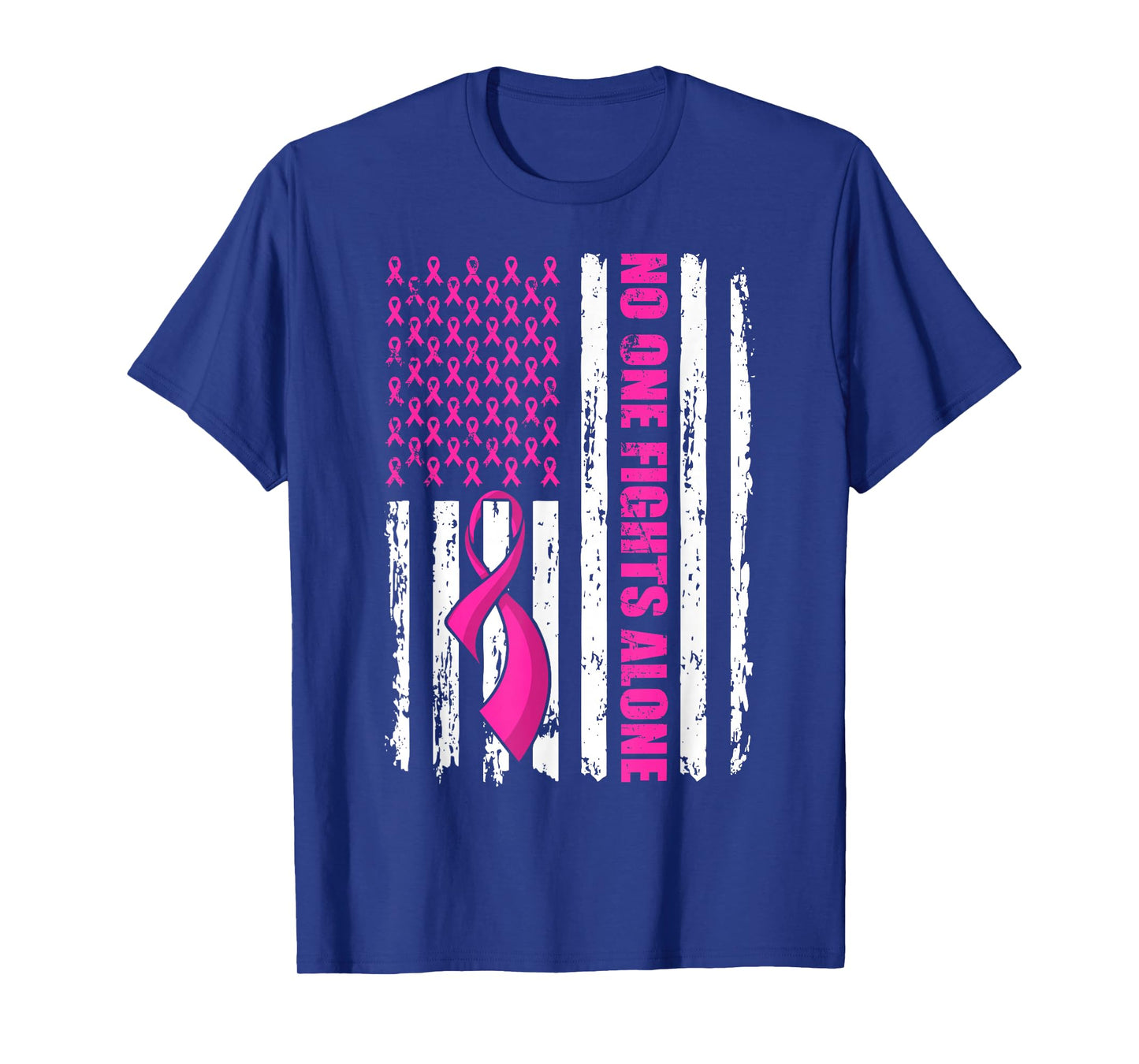 No One Fight Breast Cancer Alone Pink Ribbon American Flag T-Shirt