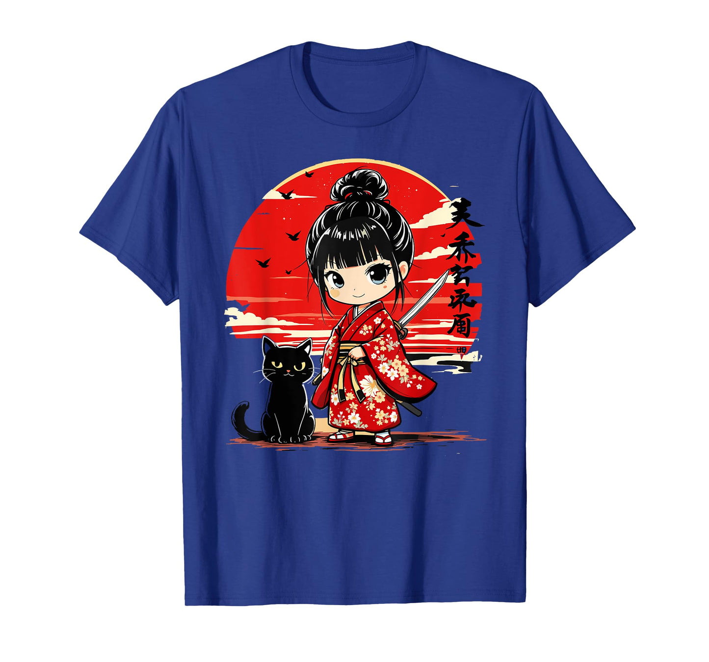 Cute Kawaii Samurai Girl and Cat Japanese Anime Kids Girls T-Shirt