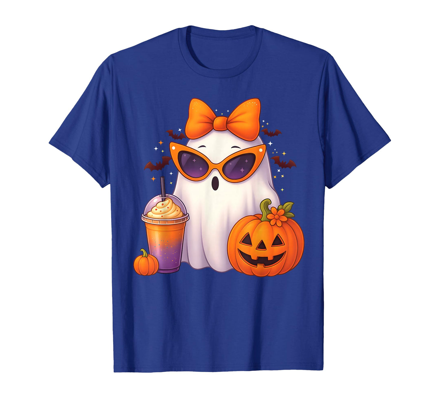 Spooky Cute Ghost Drinking Pumpkin Iced Coffee Halloween Bow T-Shirt