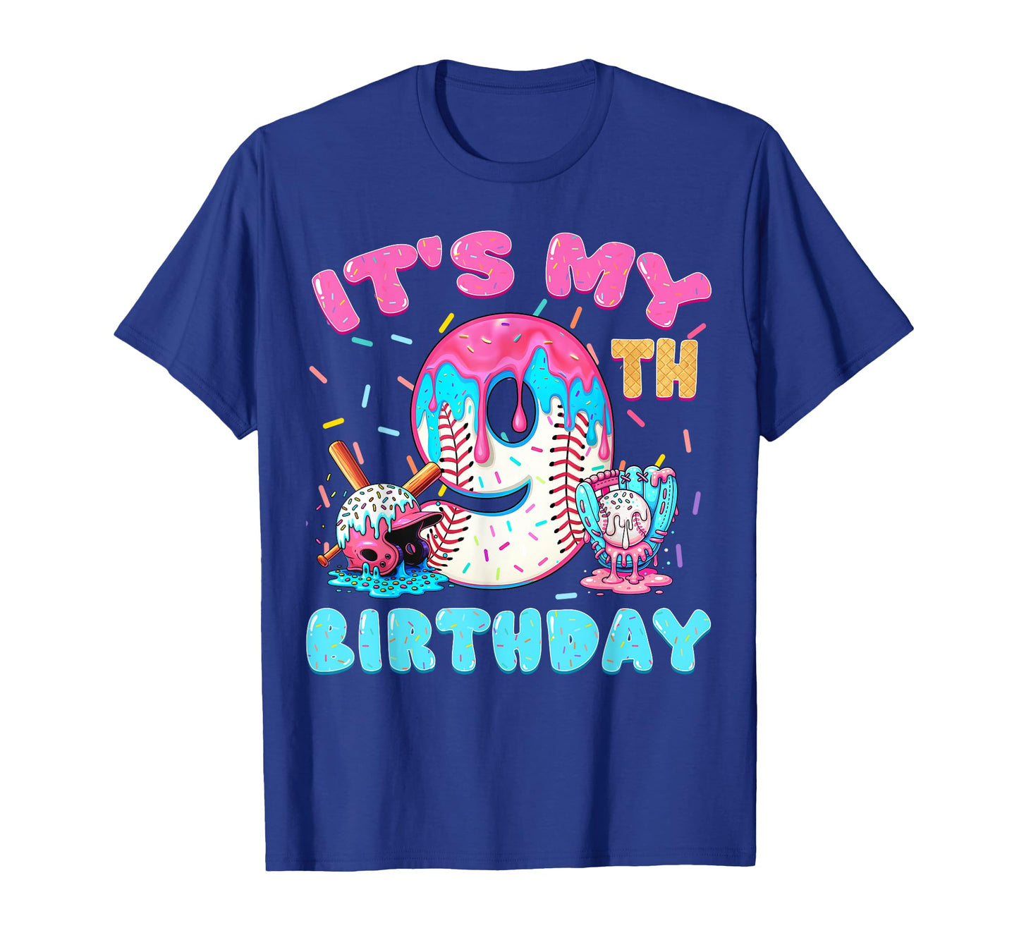 Baseball 9 Year Old Ice Cream Drip 9th Birthday Boy Number 9 T-Shirt