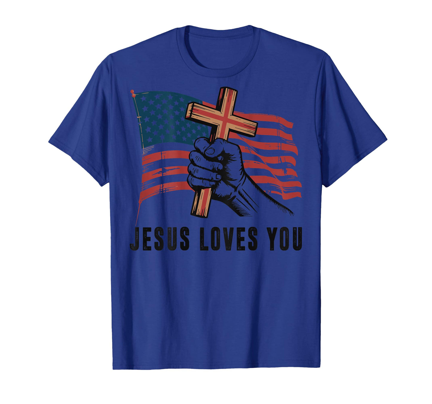 Mens Jesus Loves You American Flag Christian Patriotic Cross T-Shirt