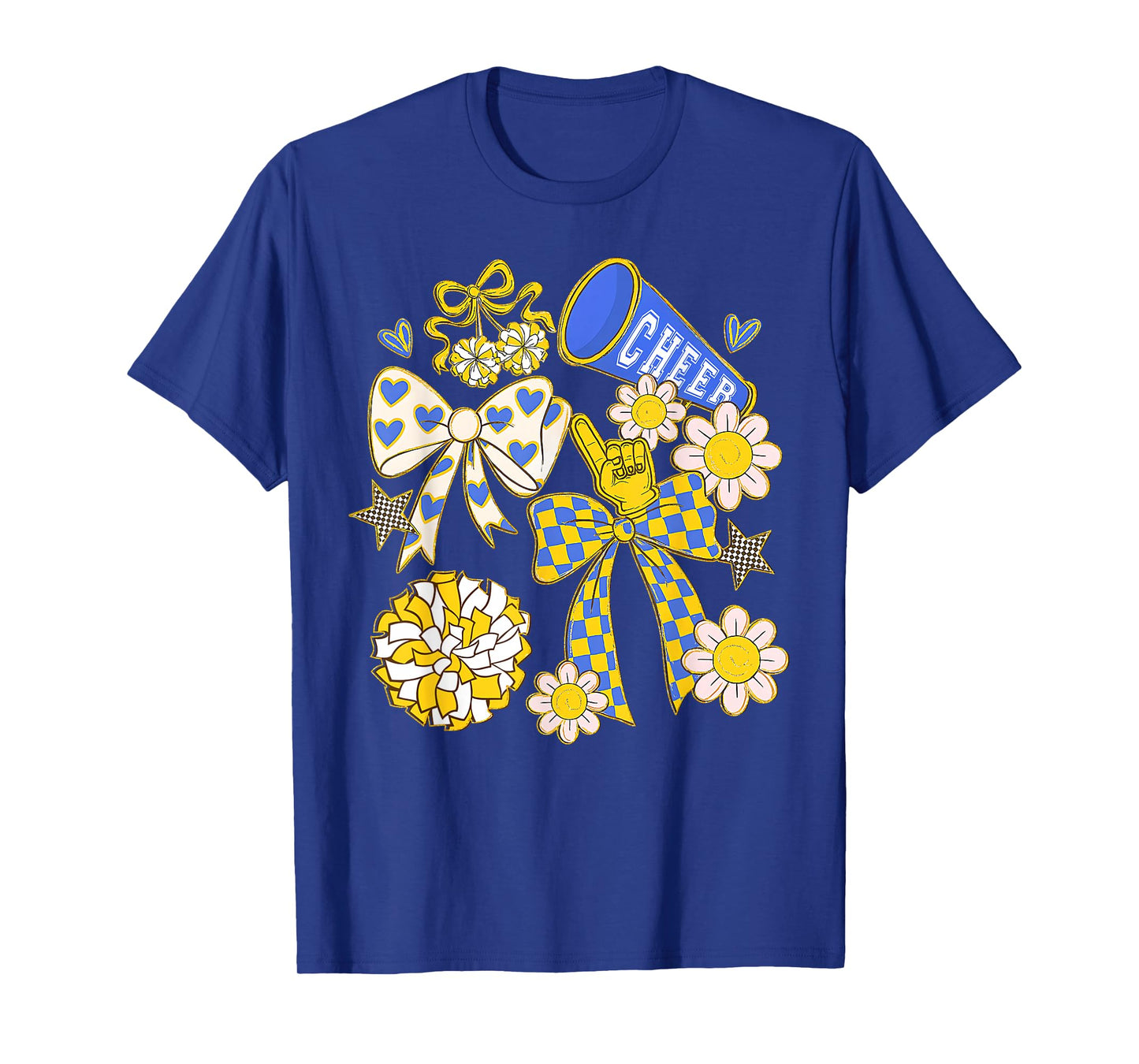 Blue & Gold Cheer Football Game Day Retro Coquette Bow T-Shirt