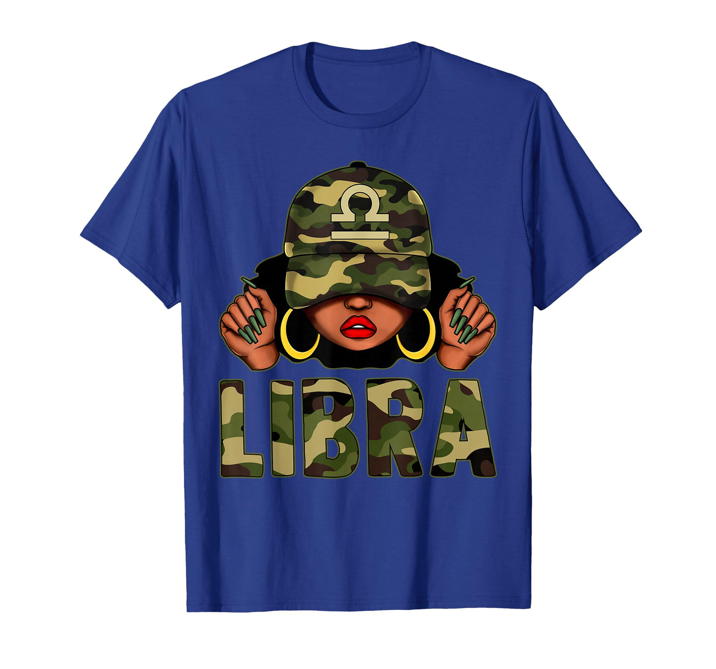 Libra Queen Black Woman With Cap Camo Afro Girl Zodiac T-Shirt