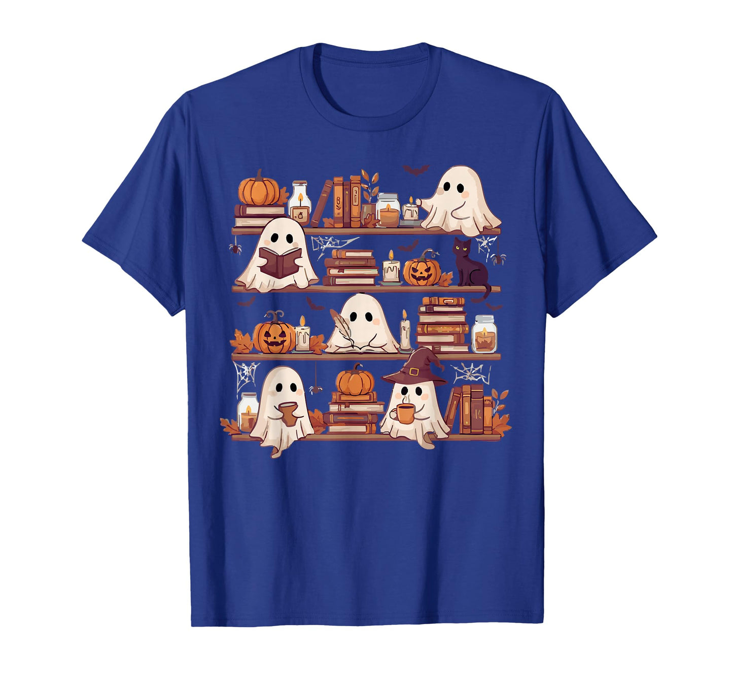 Retro Ghosts Reading Book Halloween Bookshelf Spooky Library T-Shirt