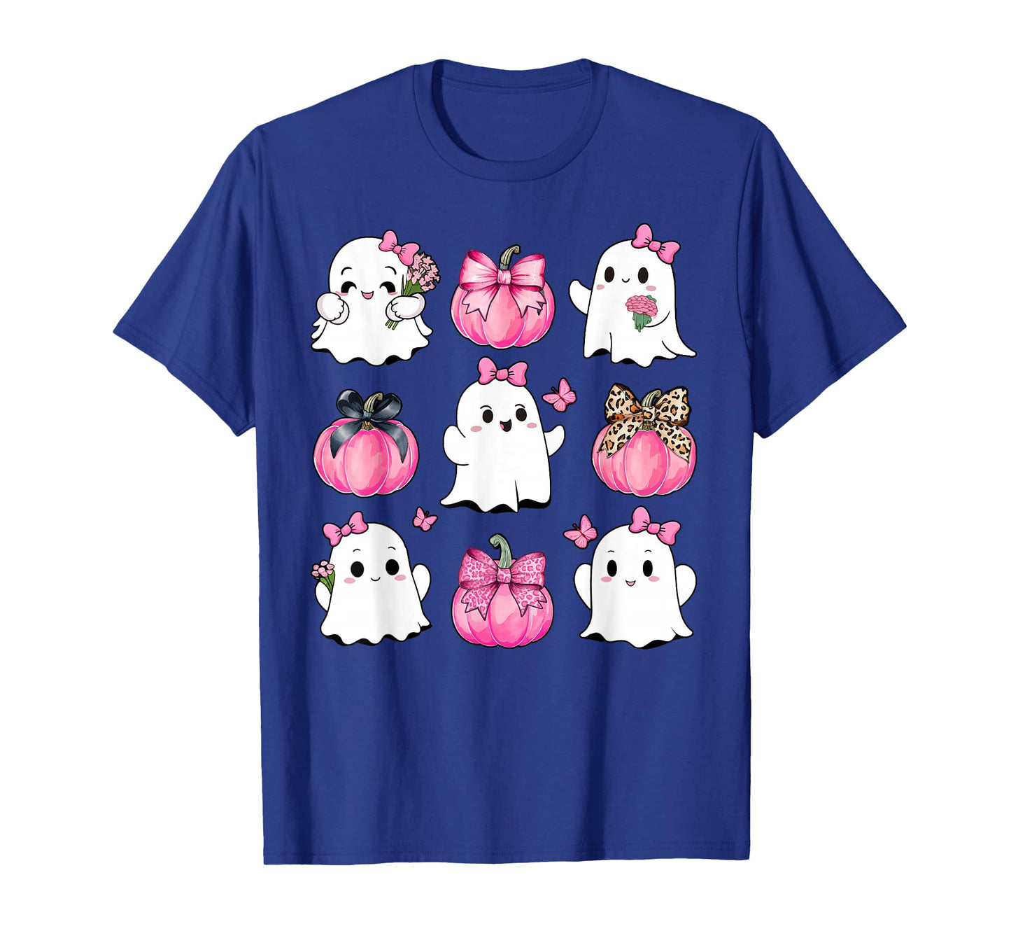 Cute Ghost Florals Pink Coquette Bows Pumpkins Halloween T-Shirt