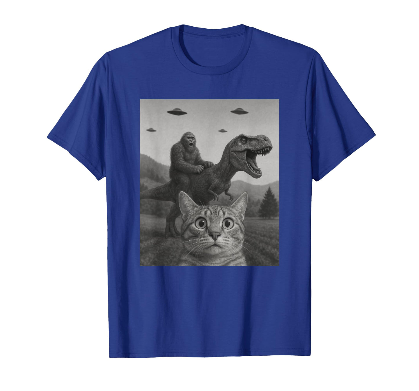 Cat Selfie with Bigfoot Riding T-rex Dinosaur Alien UFO Men Women Kids T-Shirt