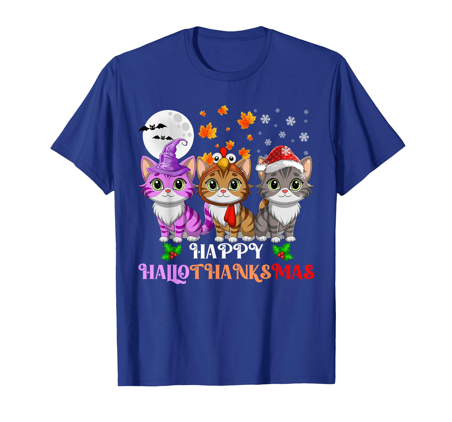 Happy HalloThanksMas Cats Halloween Thanksgiving Christmas T-Shirt
