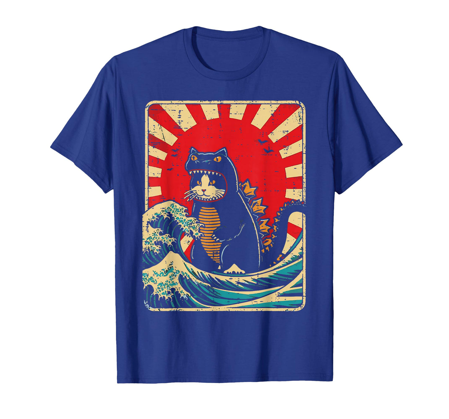 Cat Monster Waves Red Sun Japanese Catzilla Women Men Kids T-Shirt