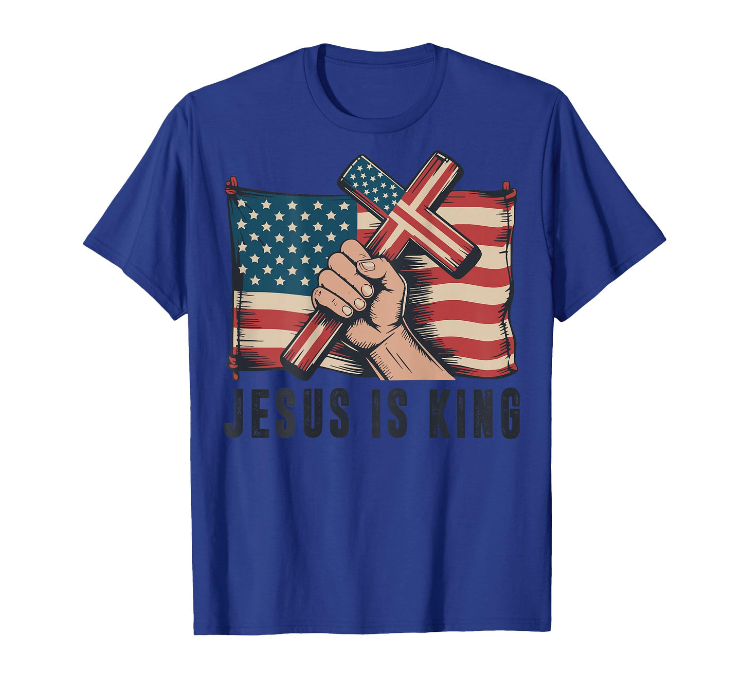 Mens Jesus is King Christian Patriotic Cross American Flag T-Shirt