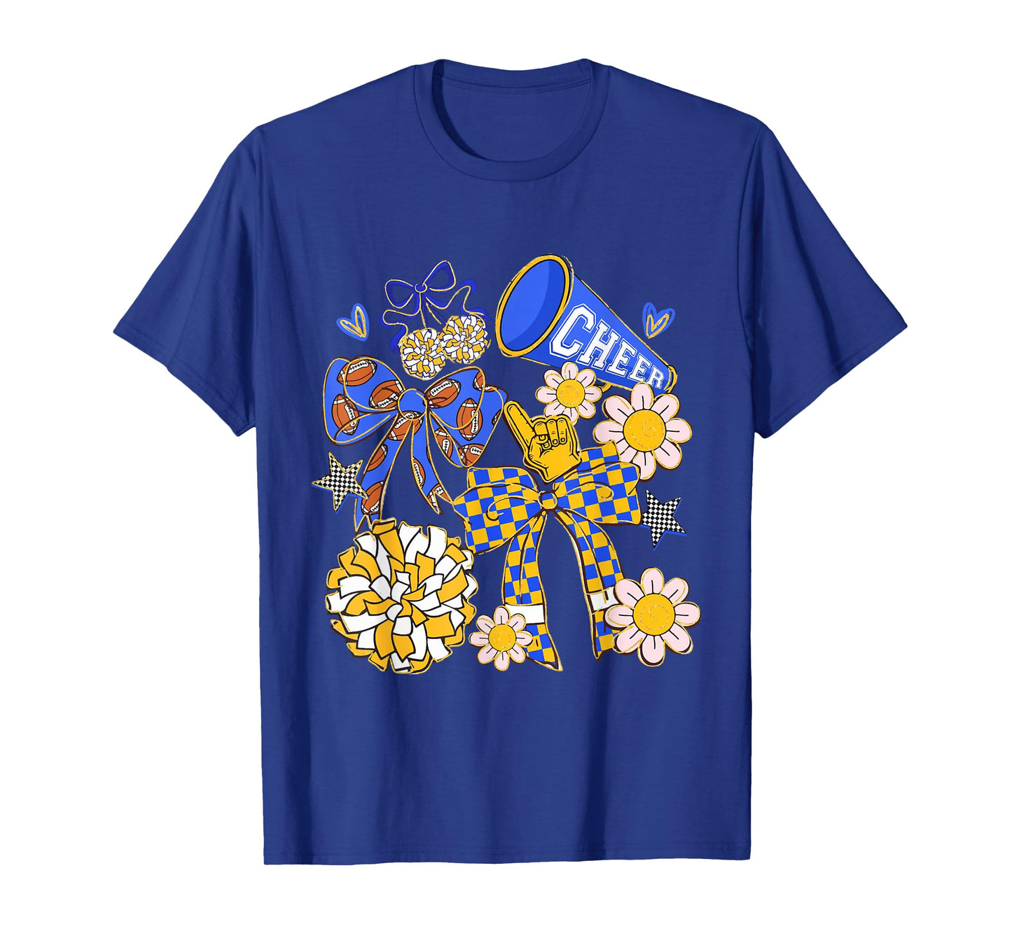 Coquette Bow Funny Football Blue Gold Cheer Mom Cheerleader T-Shirt