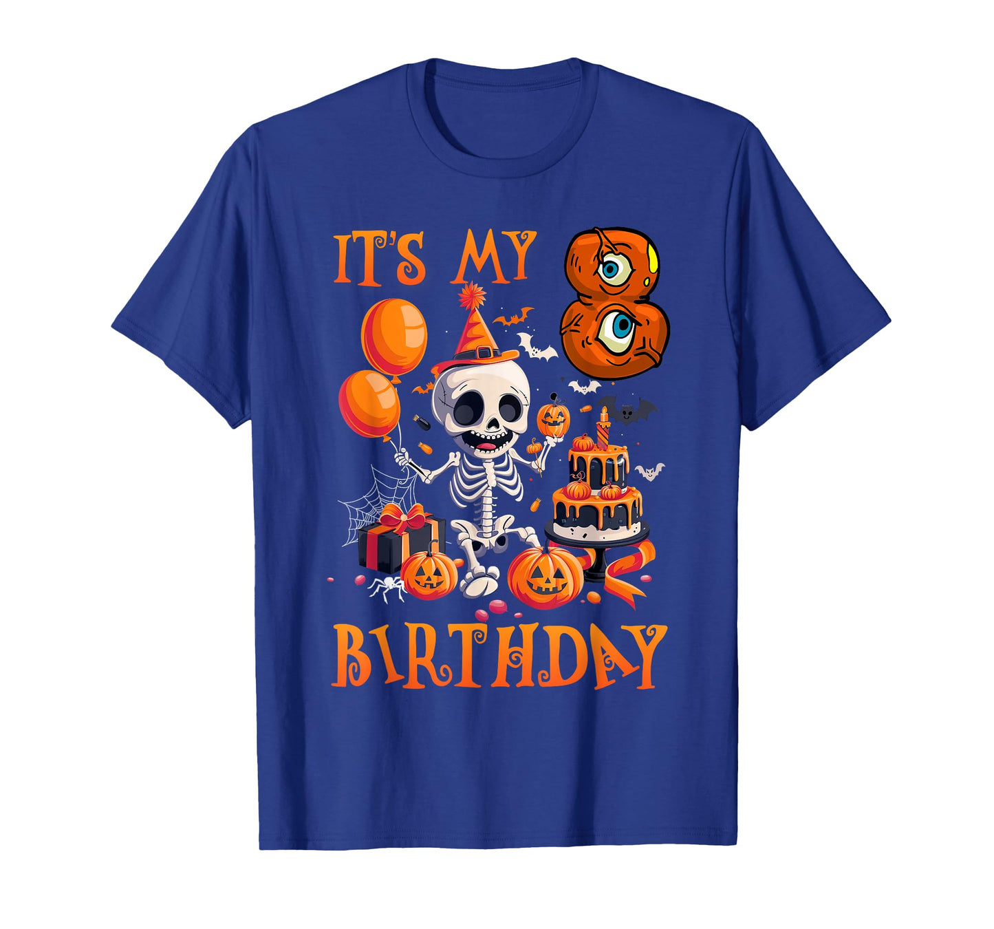 Kids Boo It's My 8th Birthday Halloween Skeleton 8 Years Old T-Shirt