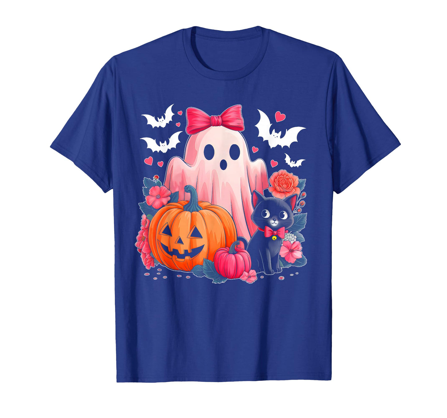 Cute Floral Pink Ghost Pumpkin Black Cat Halloween Costume T-Shirt