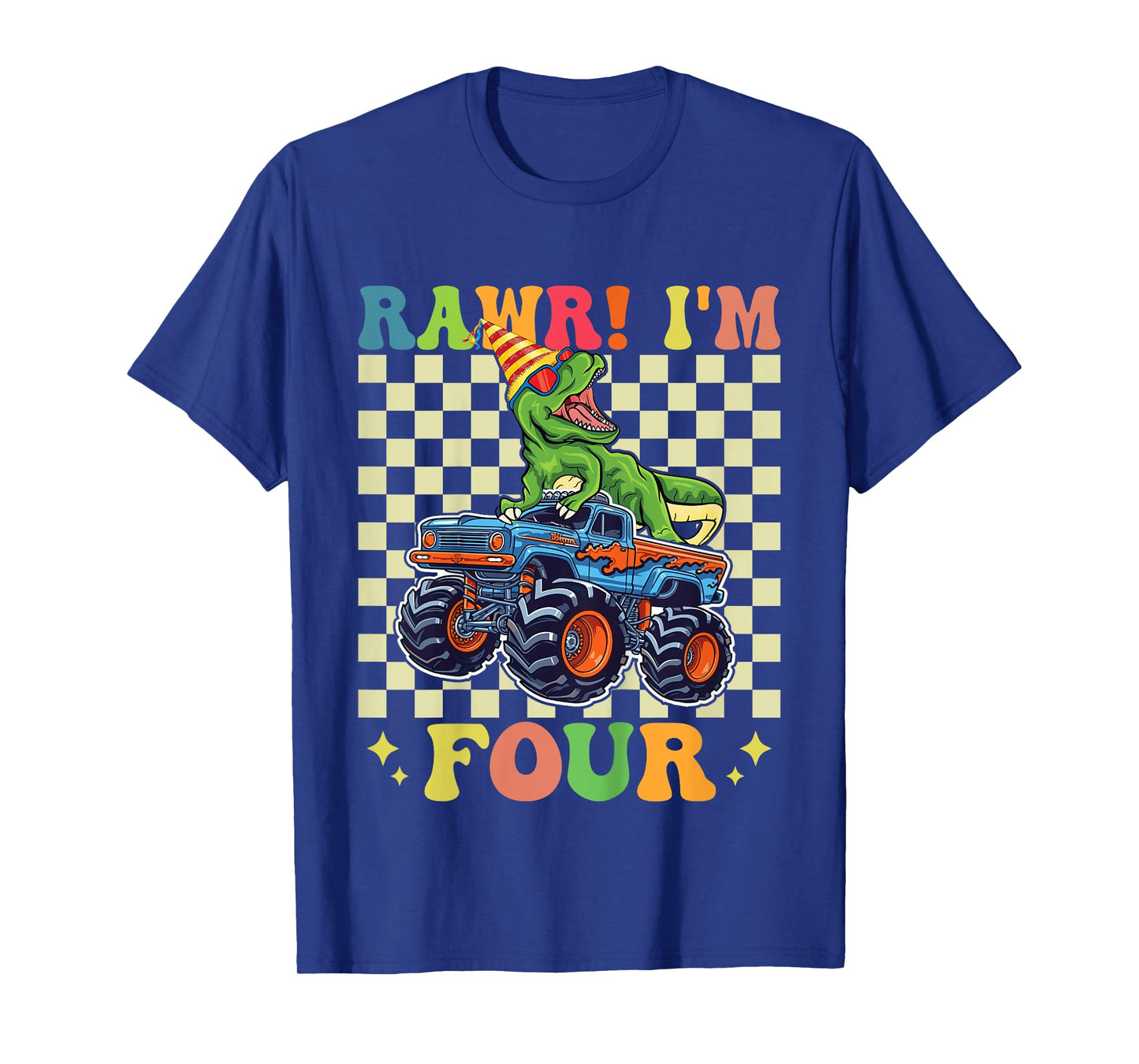 Kids 4th Birthday Monster Truck Dinosaur Party Boys Rawr I'm 4 T-Shirt