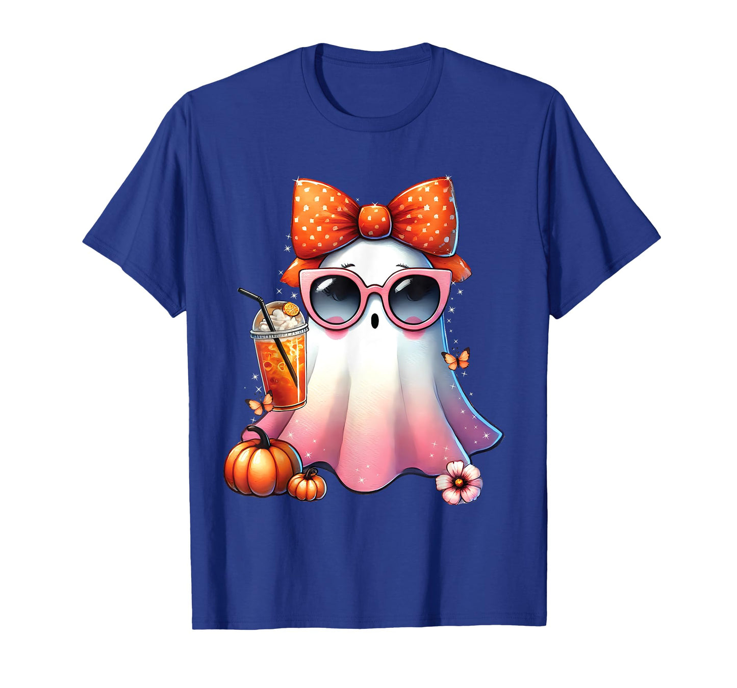 Cute Ghost Drinking Coffee With Halloween Bow Women Girls T-Shirt